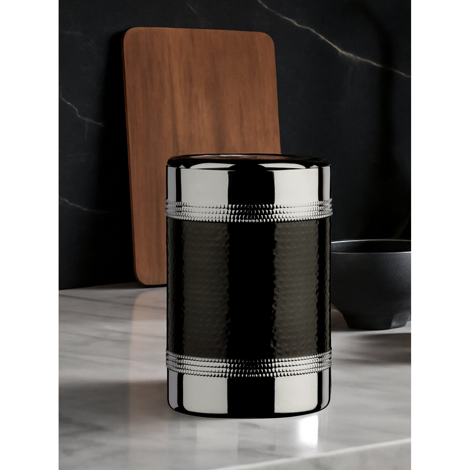 Bottle Cooler With Hammered Black Band - Black, Silver
