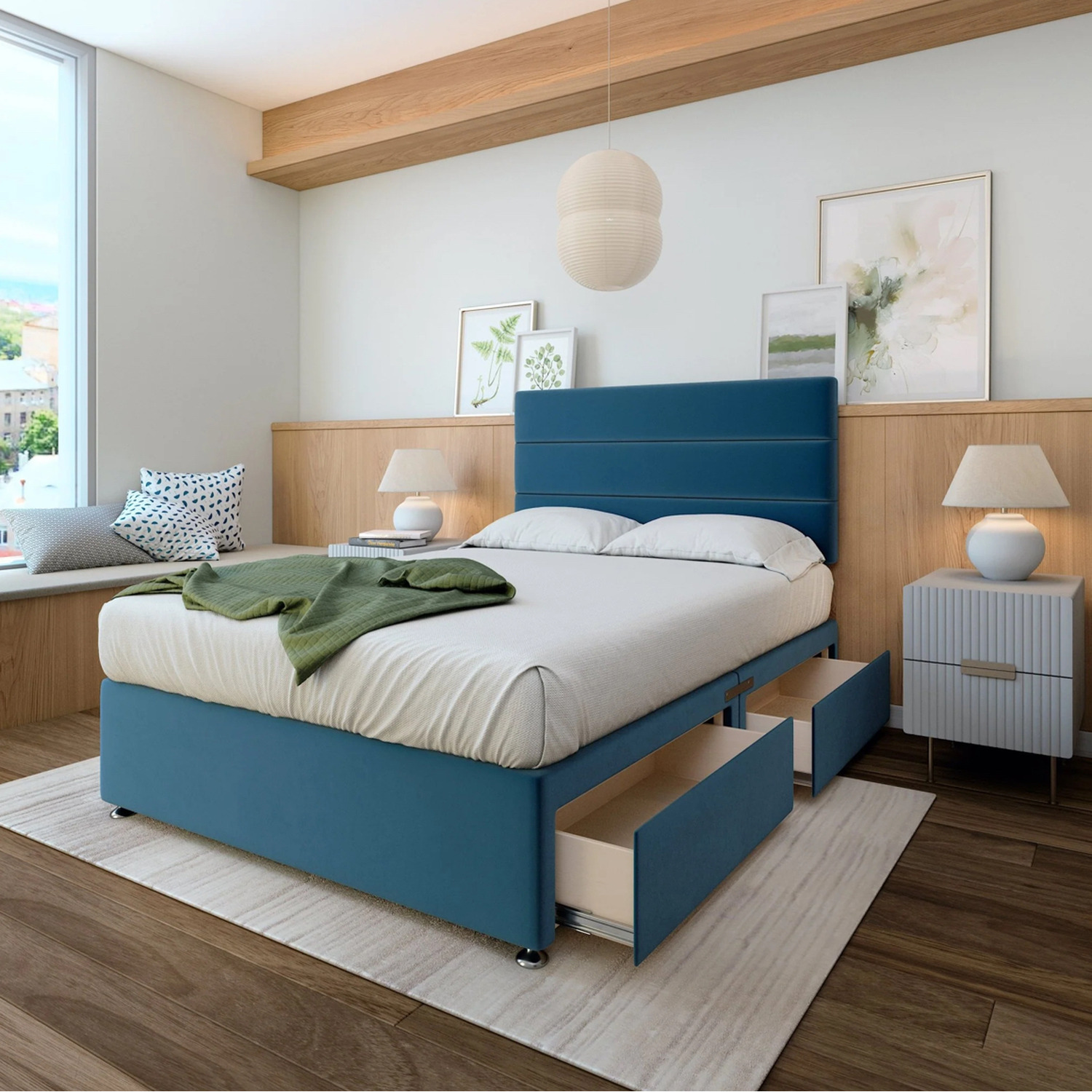 Plush Velvet Divan Base With Storage And Lined Headboard - Colour Options - Marine Blue Superking 60kg