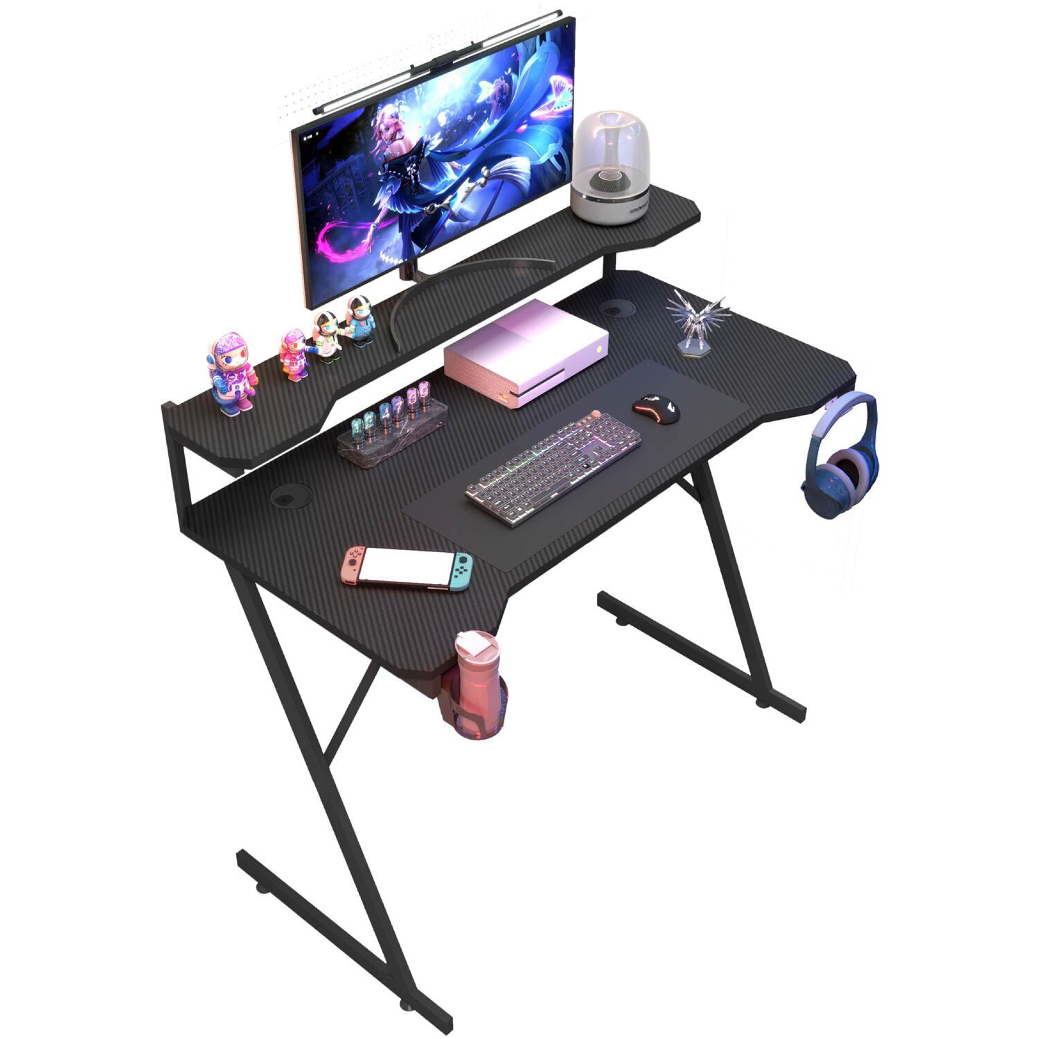 Computer Workstation With Monitor Stand And Headphones And Cup Holder - Black