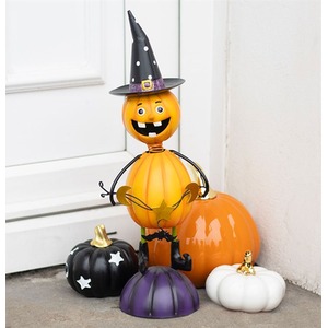 Metal Pumpkin Man Ornament with Witch Hat
