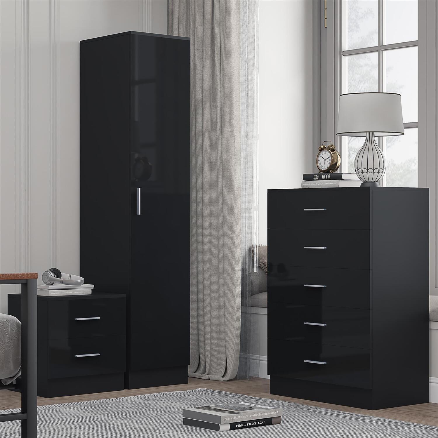 REFLECT Black High Gloss 3pc Set - 1 Door Robe + 5 Drawer Chest + Bedside - Image 6