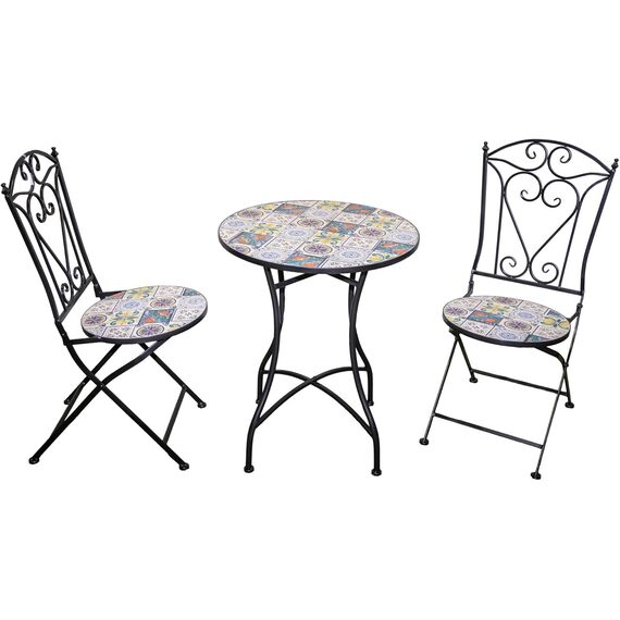 Lisbon Mosaic Bistro Set with Table and 2 Folding Chairs