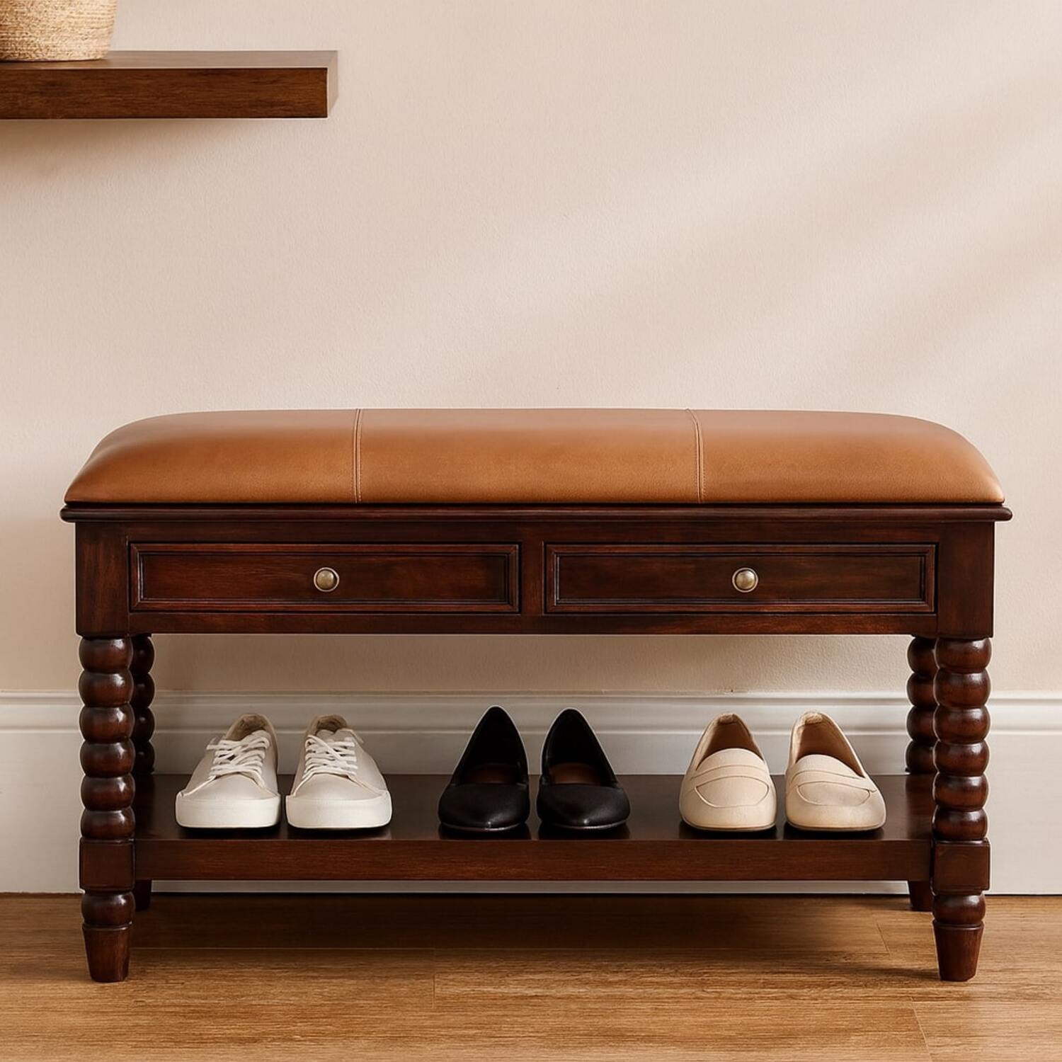 Artisan Furniture Spindle Winewood Leather Bench - Brown