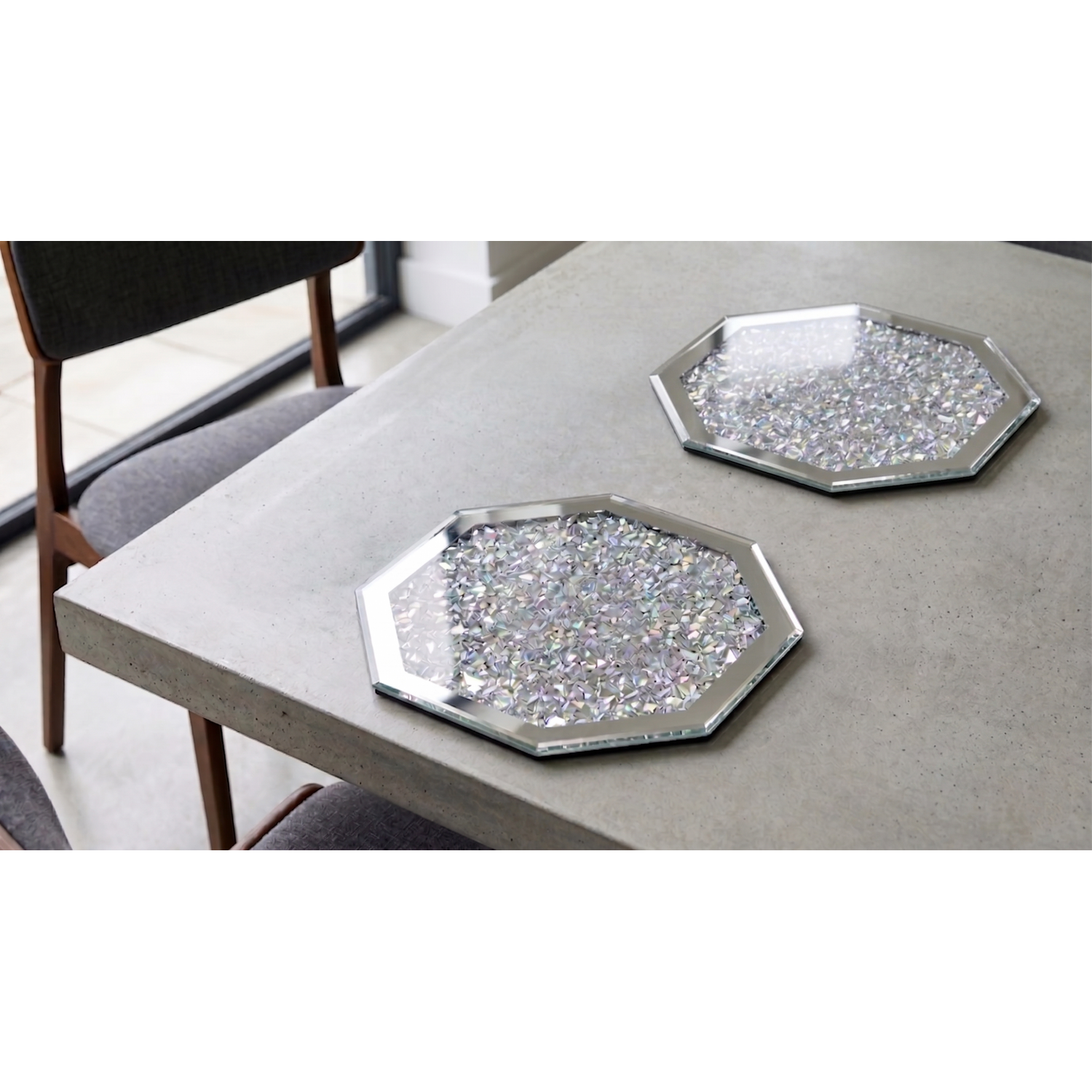 Image of 2x Silver Glass Octagonal Shape Placemat&hellip;