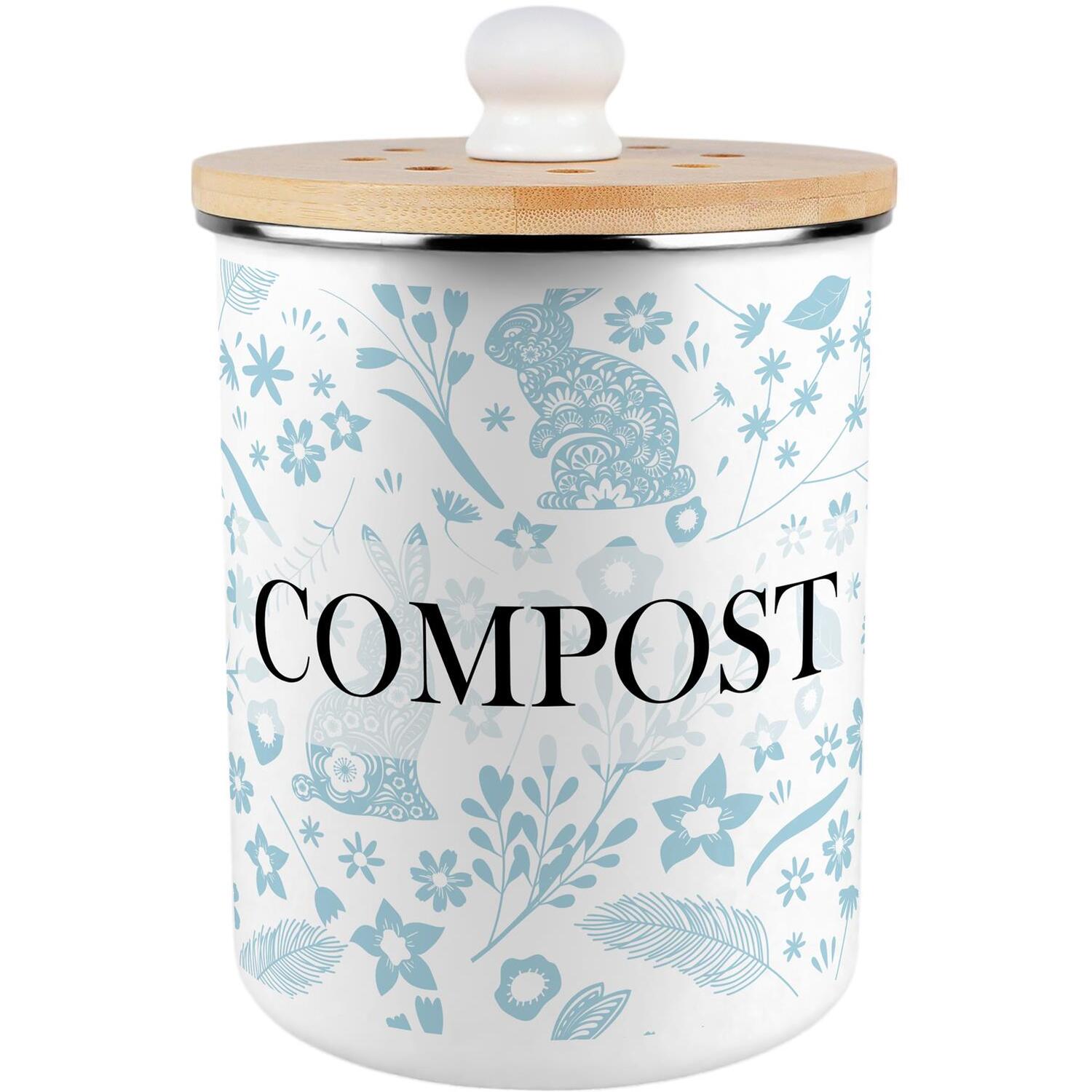 Purely Home Blue Wild Rabbits Compost Caddy - Blue Metal 2L Decorative Kitchen Food Waste Bin - Blue