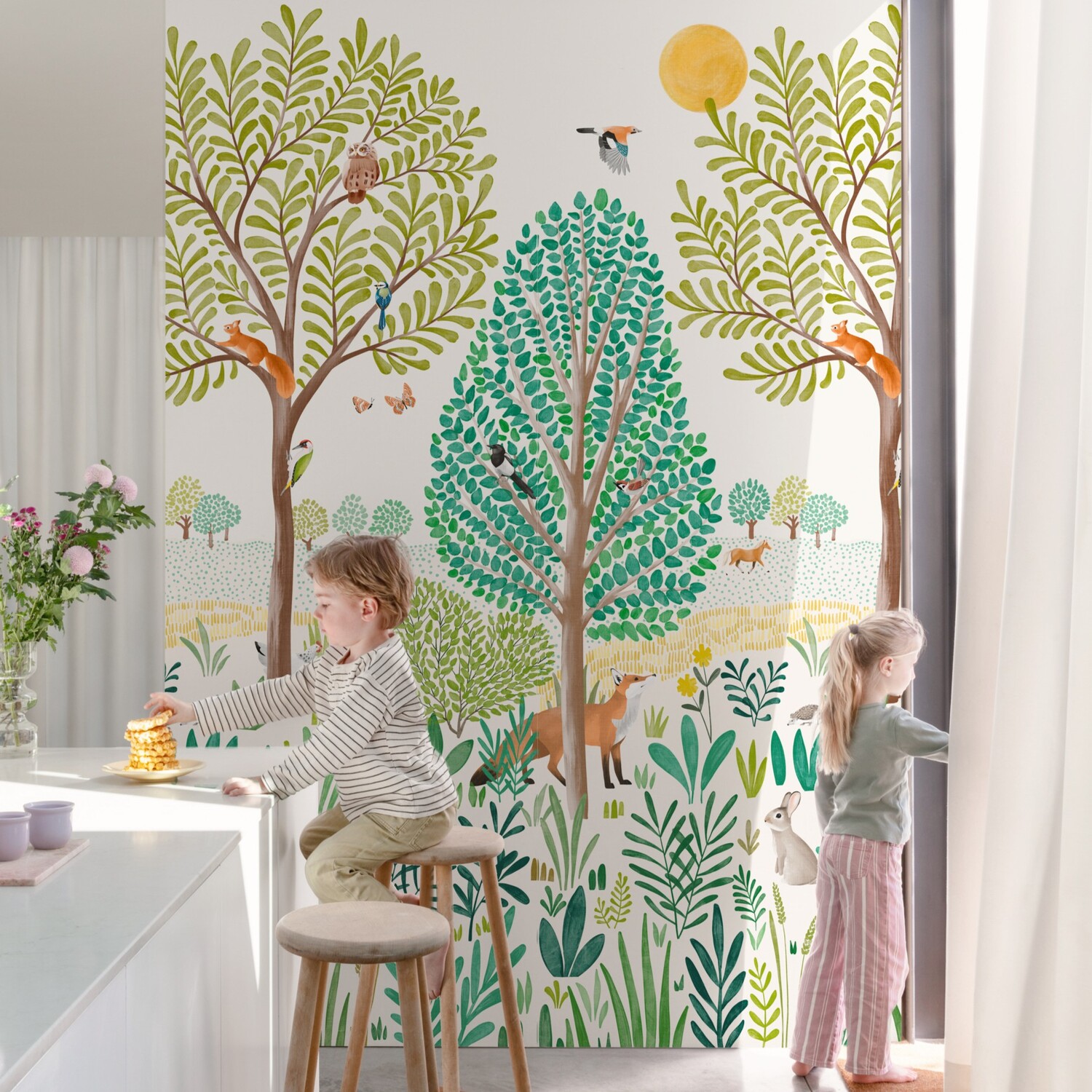 Grandeco Grena Trees3 Lane Repeatable Wallpaper Kids Nursery Mural - Green