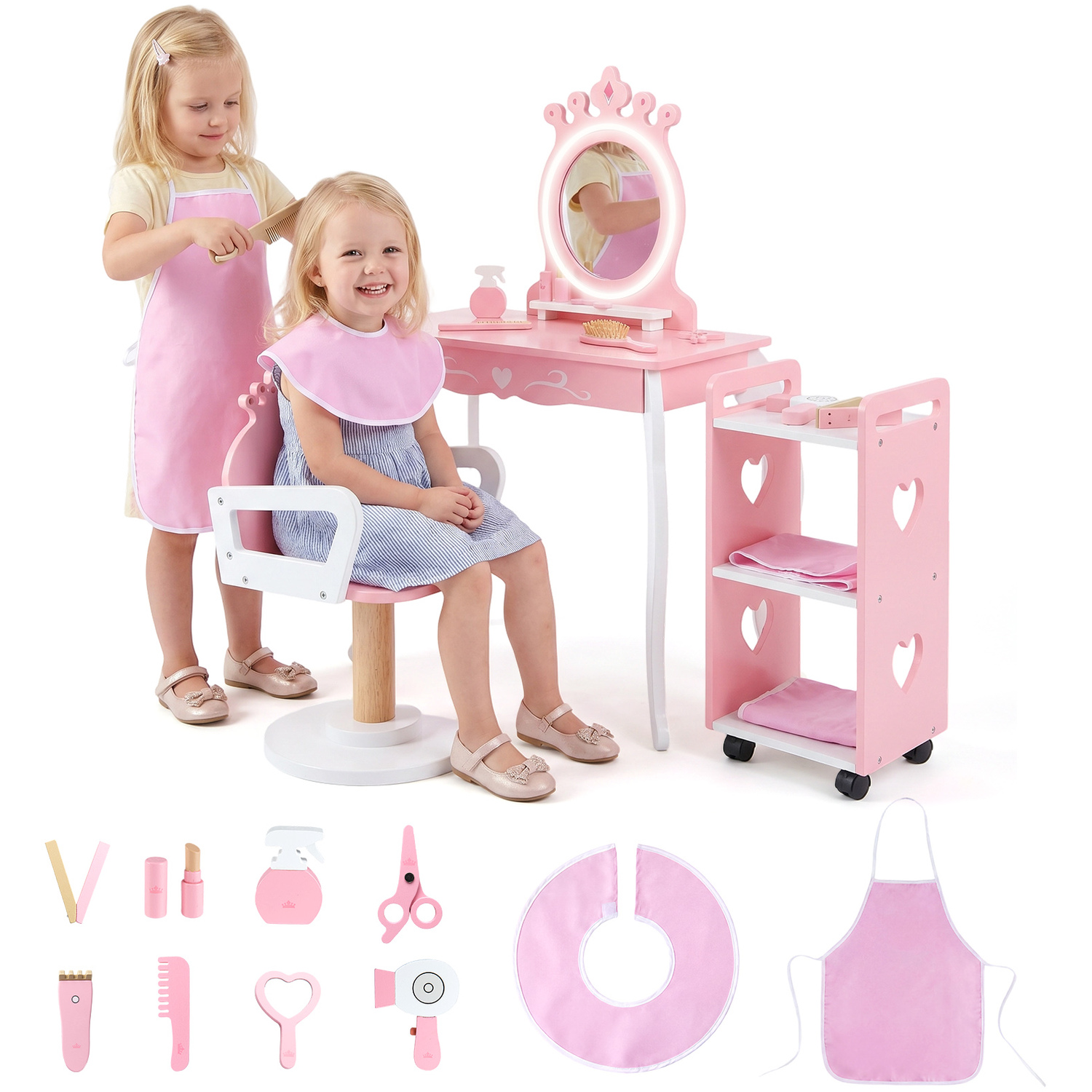 Costway Wooden Pretend Hair Salon Station With Swivel Barber Chair And Rolling Cart - Pink
