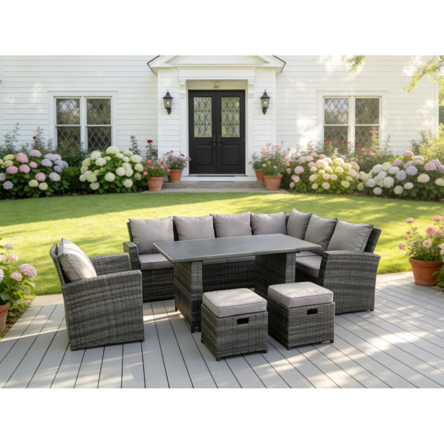 Fimous Black 9 Seater High Back Rattan Garden Furniture Set Corner Sofa With Tempered Glass Dining Table Footstool With Chair - Image 2