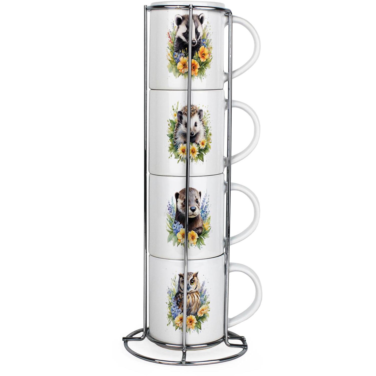 B&Q - Animals In The Willows Stacking Mugs SetPresents For Animal LoversSet Of 4 Ceramic Mugs Gift Set With Metal Stand - Image 2