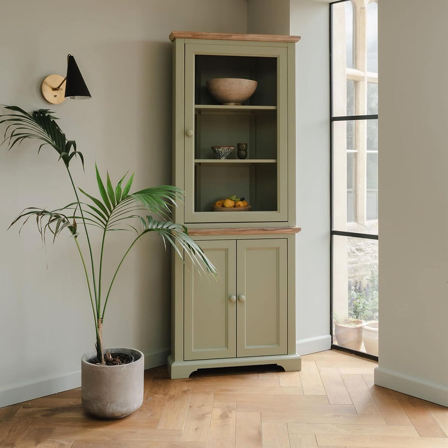 B&Q - Florence Corner Display CabinetGlass Door Sage Green Dresser - Image 2