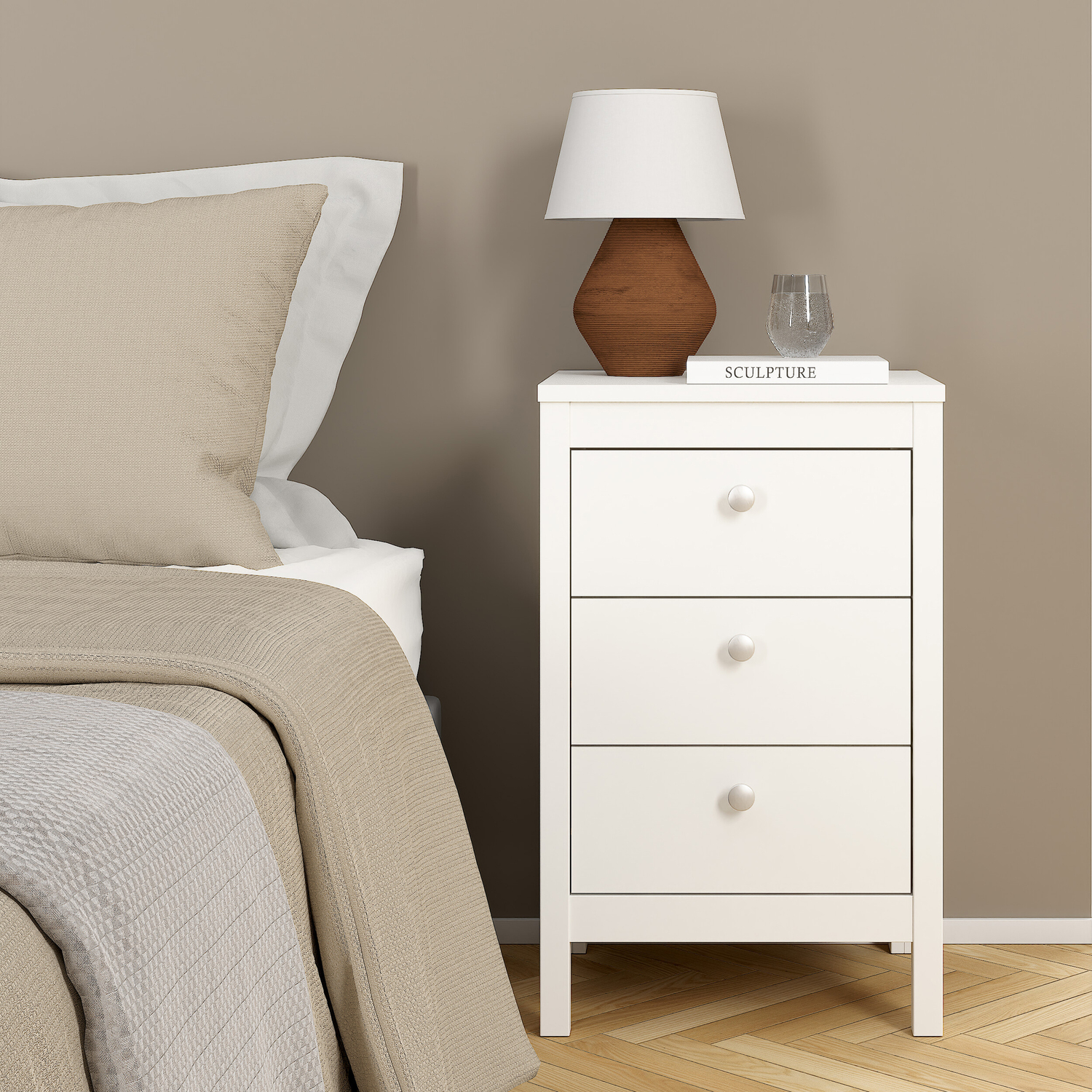 Furniture To Go Madrid Bedside Table 3 Drawers In Cashmere - White