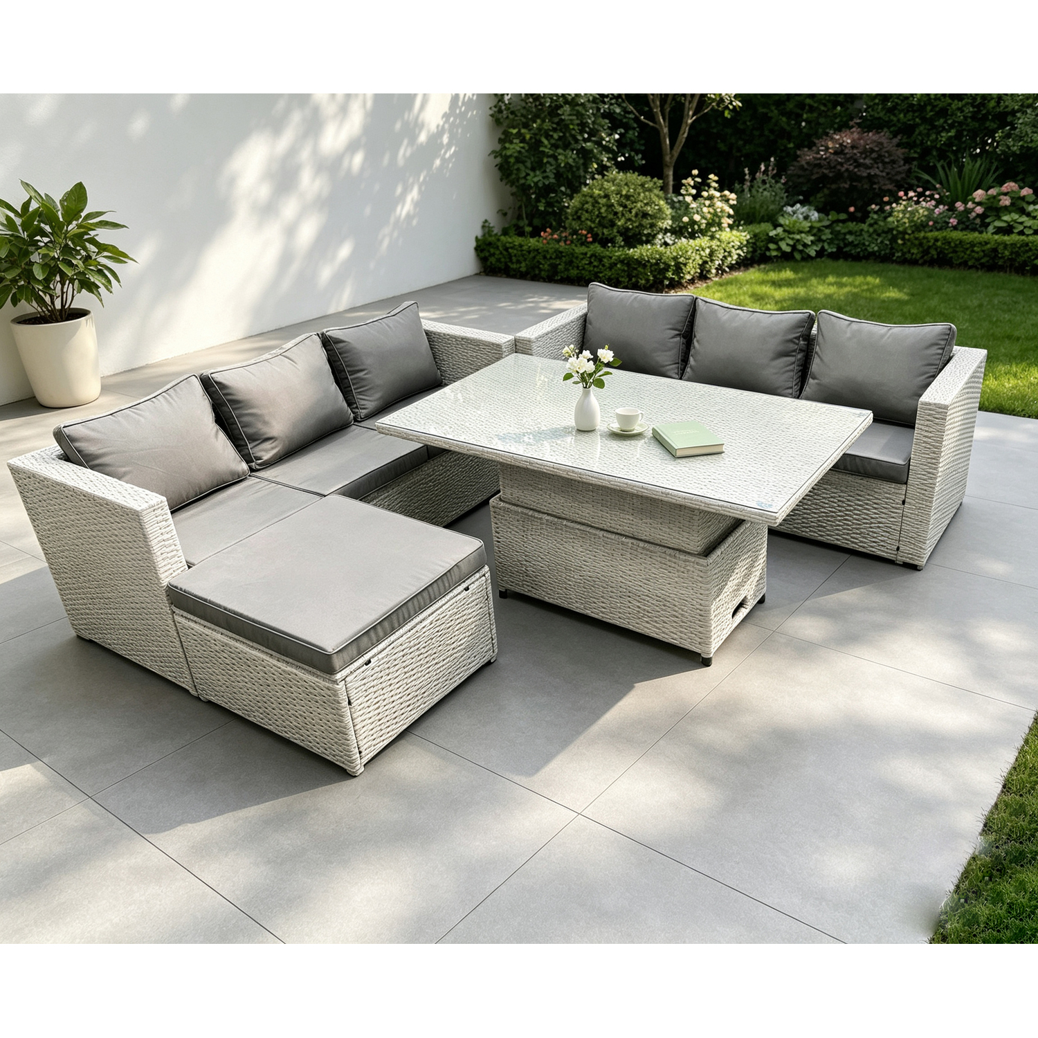 Fimous Outdoor Rattan Garden Funiture Set Height Adjustable Rising Lifting Table Sofa Dining Set With Big Footstool - Image 3