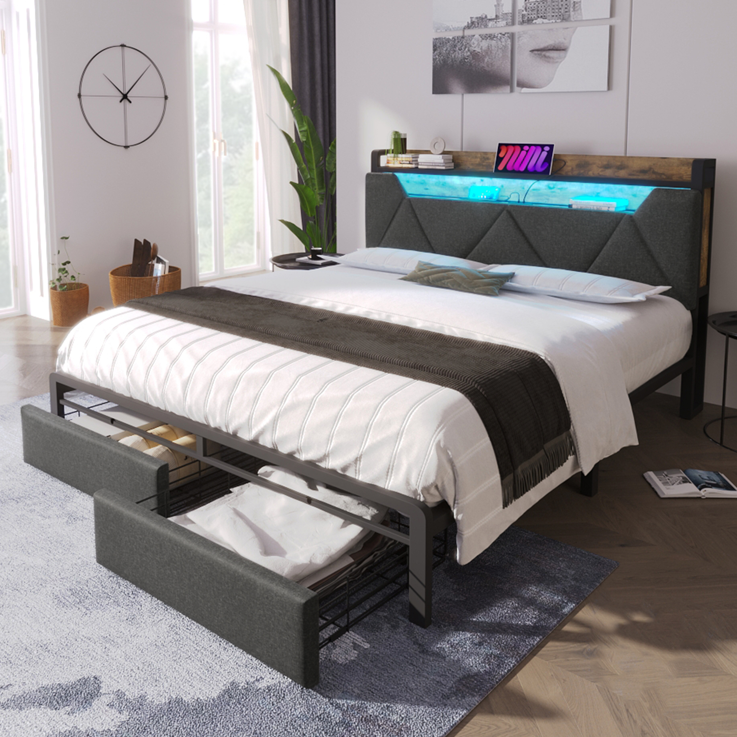 Aka Linen Storage Bed With Led, Usb-C, Headboard & Drawers - Grey