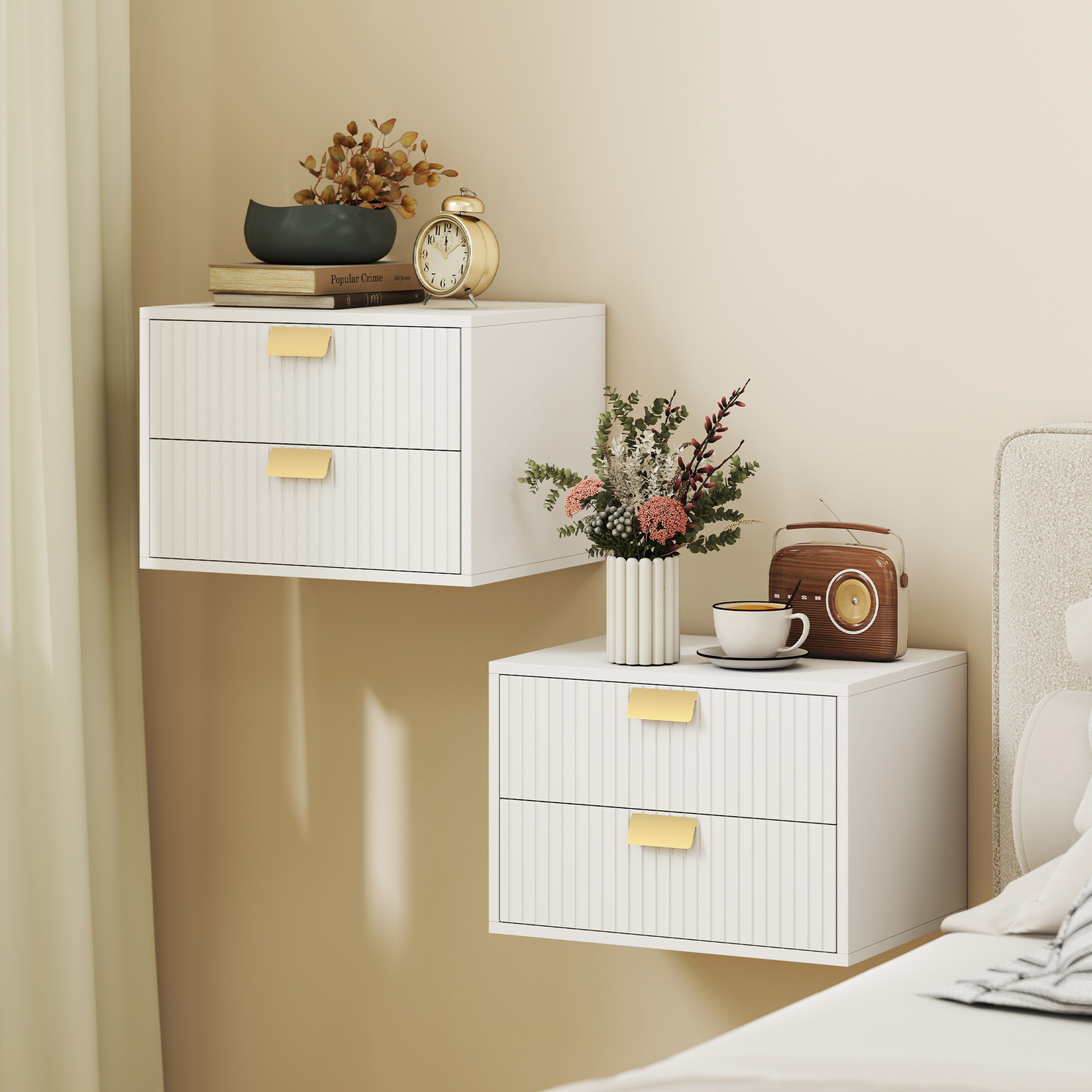 Homcom 2Pcs Modern Floating Nightstands, 2 Drawers Bedside Tables - White