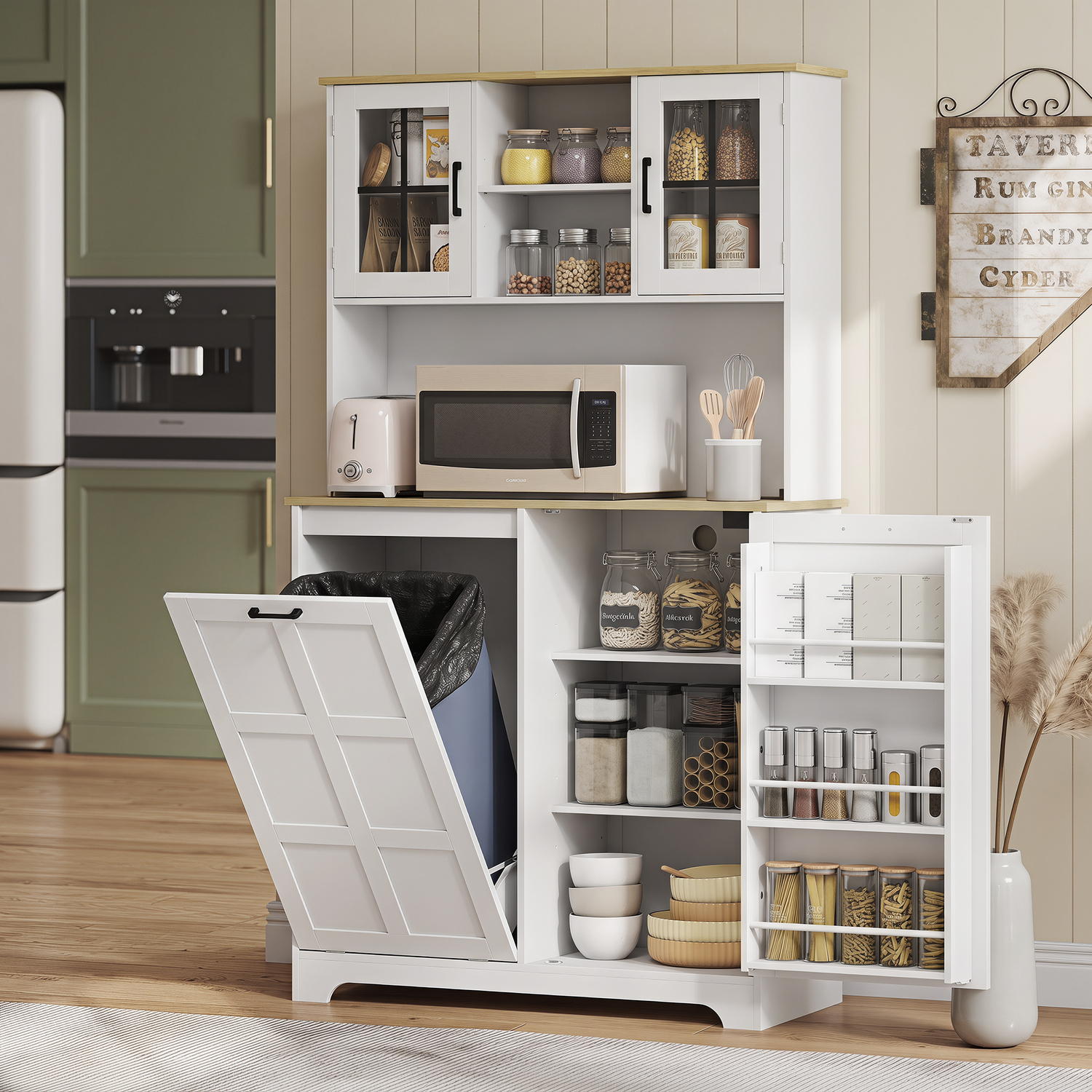 HOMCOM Kitchen Cabinet with Trash Bin Storage - 175cm - White - Image 3