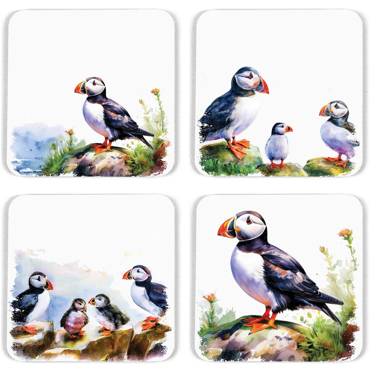 Puffins on the Rocks Cork Coaster Set - Coastal Seabirds Gifts - Set of 4 - Image 3