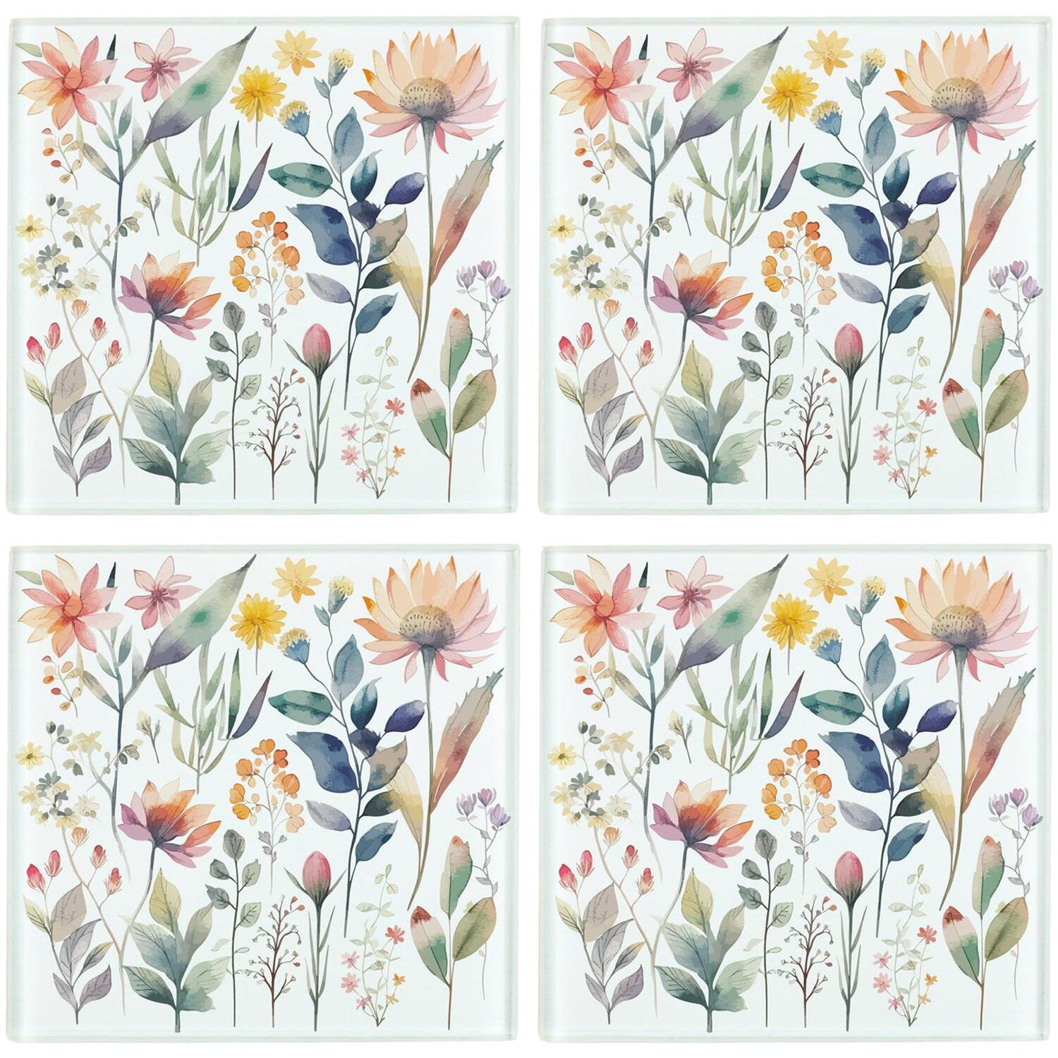 B&Q - Pastel Flowers CoastersPretty Floral Set Of 4 Square Glass Coasters - Image 2