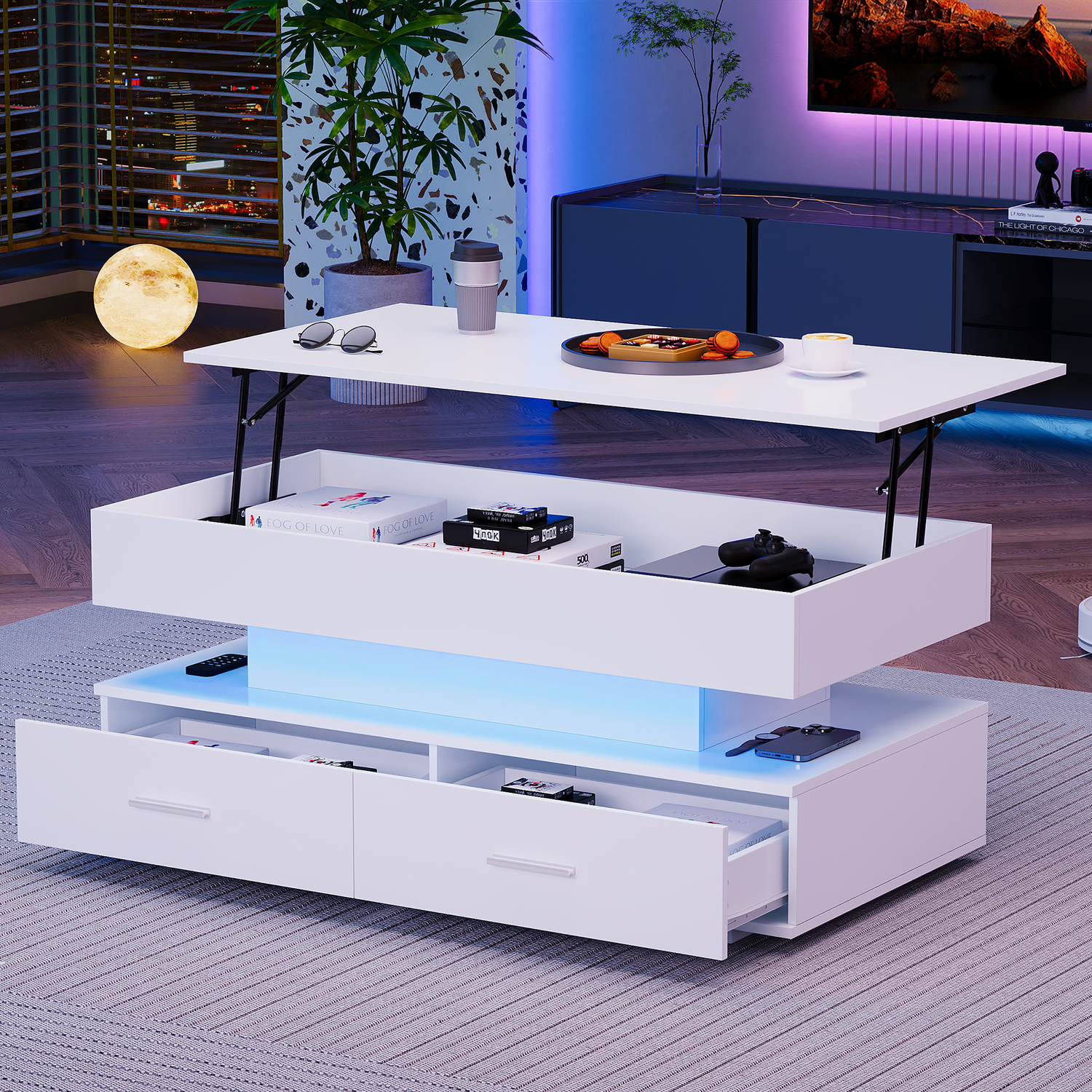 Aka Hydraulic Lift Top Coffee Table With 2 Drawers And Led Lights, White - White