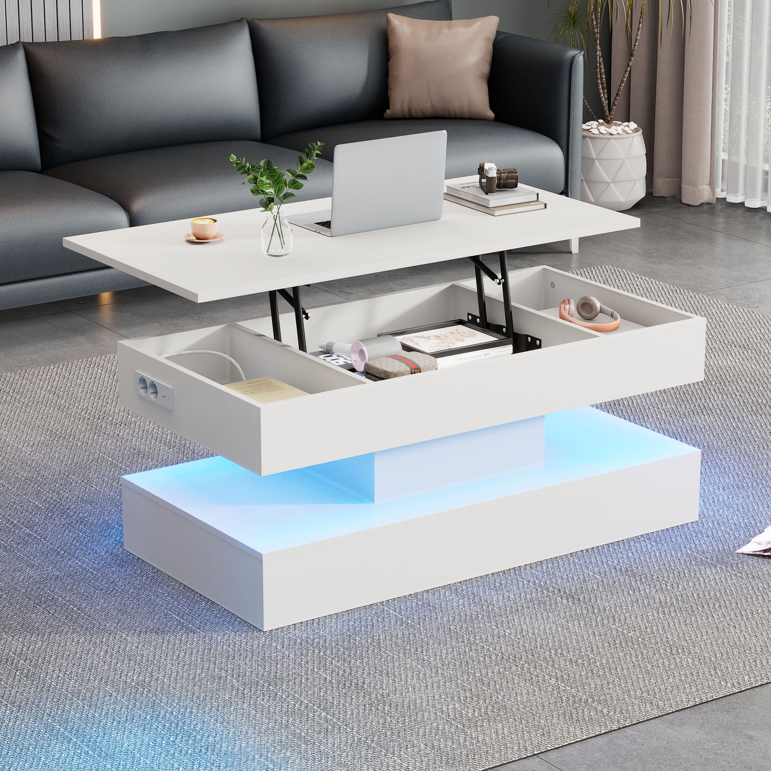 Aka Modern Coffee Table With Led Lighting, Hidden Storage And Hydraulic Lift - White