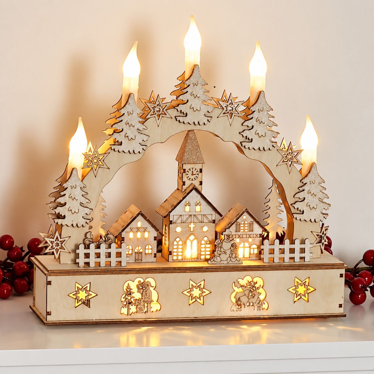Globrite 12 Led Wooden Christmas Candle Bridge With 5 Candles - White