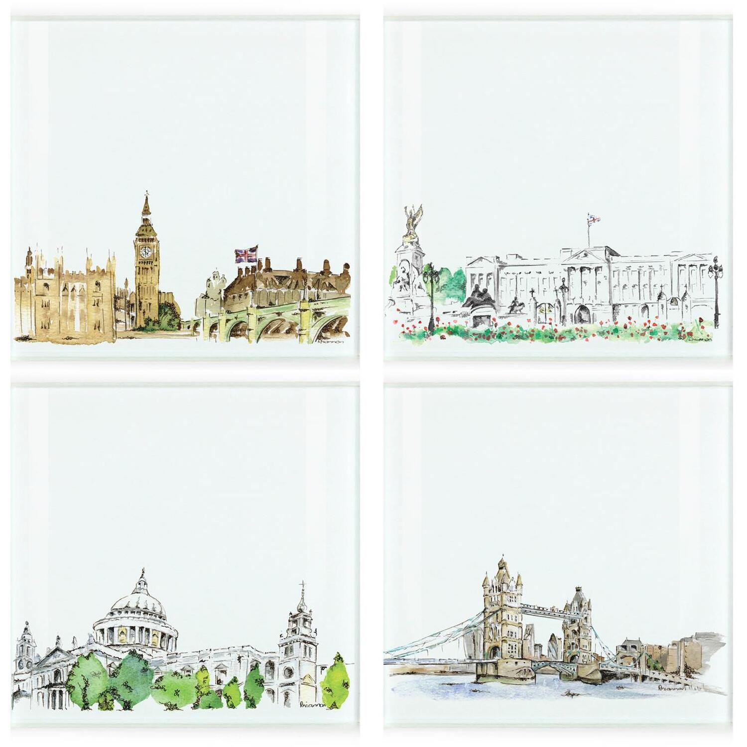 B&Q - London Landmarks Coaster SetSquare Glass Painted Scene DesignSet Of Four (4) Coasters - Image 3
