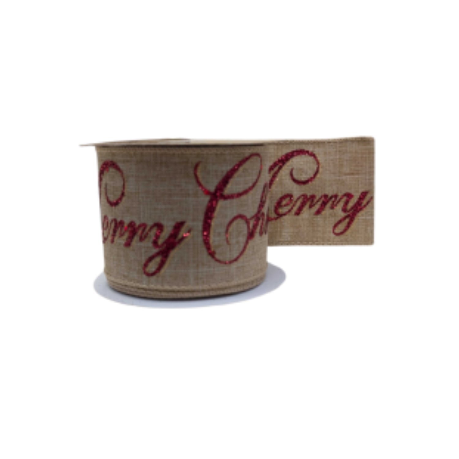 Kdmd Natural With Red Glitter Merry Christmas Ribbon - Red