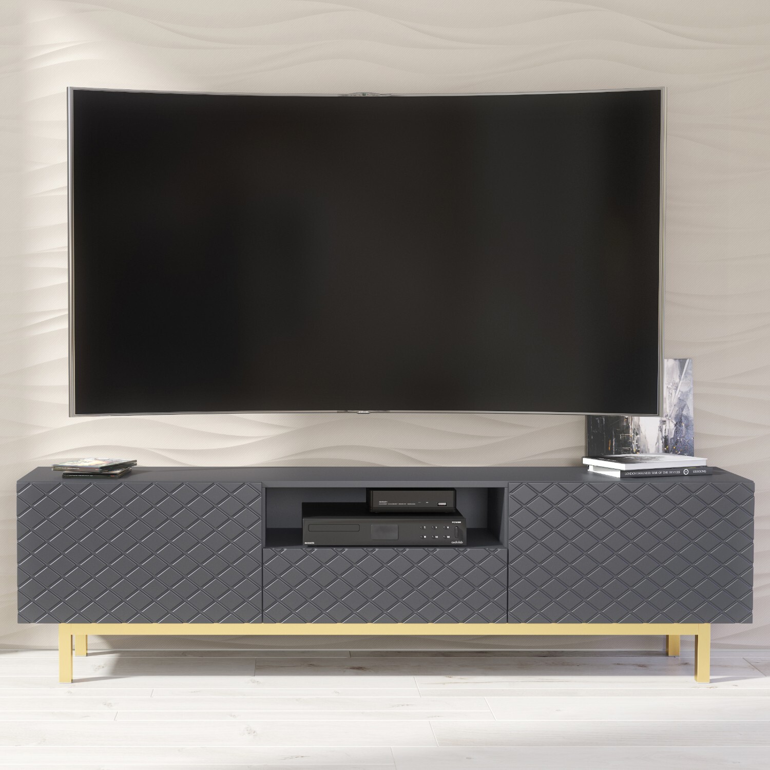 Mex Furniture Ltd Diamond Luxe Tv Unit - Dark Grey With Textured Doors