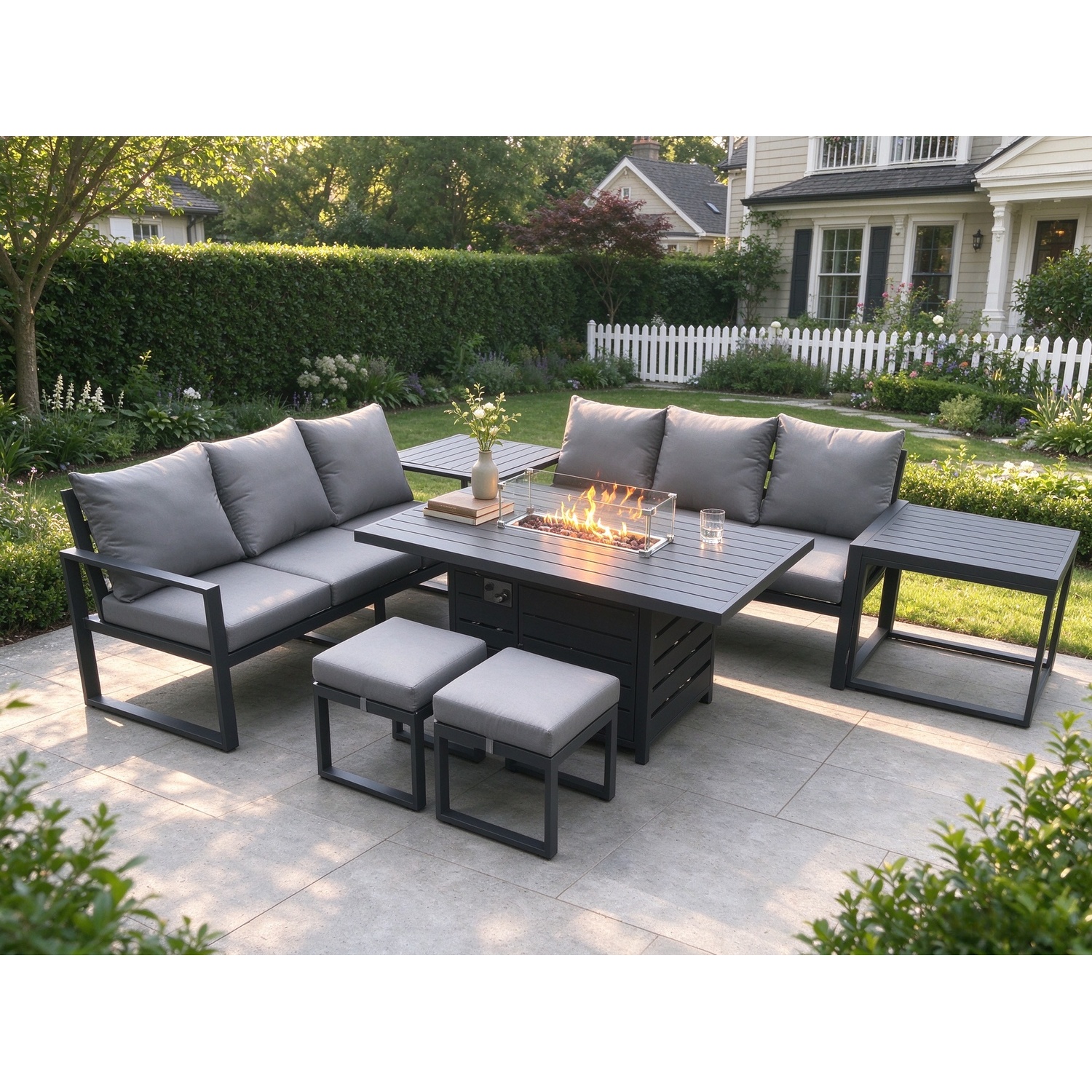Fimous Unisex Dark Grey Aluminium 8 Seater Outdoor Garden Furniture Lounge Sofa Set Gas Fire Pit Dining Table With 2 Footstools 2 Side Tables Small - Image 2