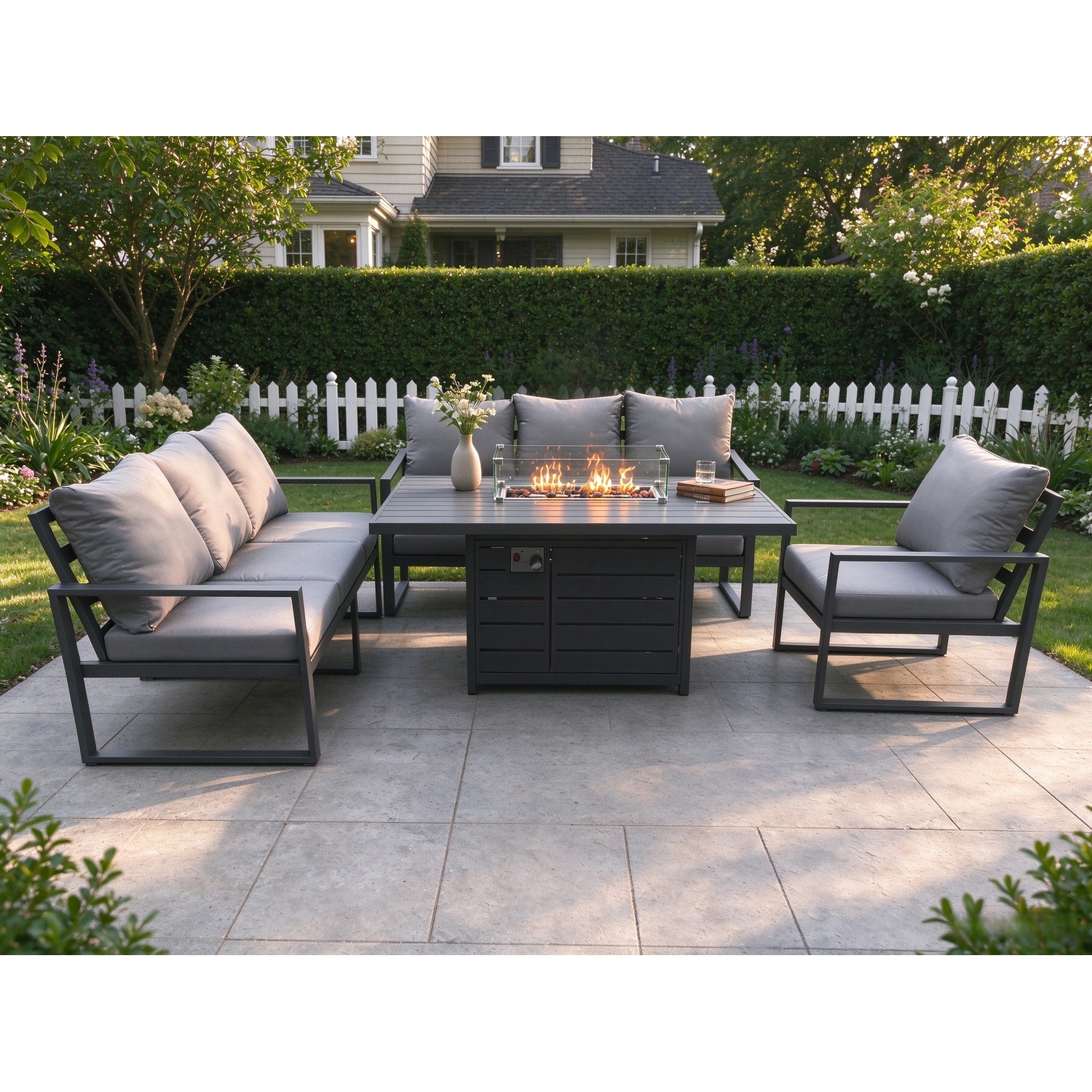 Fimous Unisex Dark Grey Aluminium Outdoor Lounge Sofa Garden Furniture Sets Gas Fire Pit Dining Table Set 5Kg - Image 2