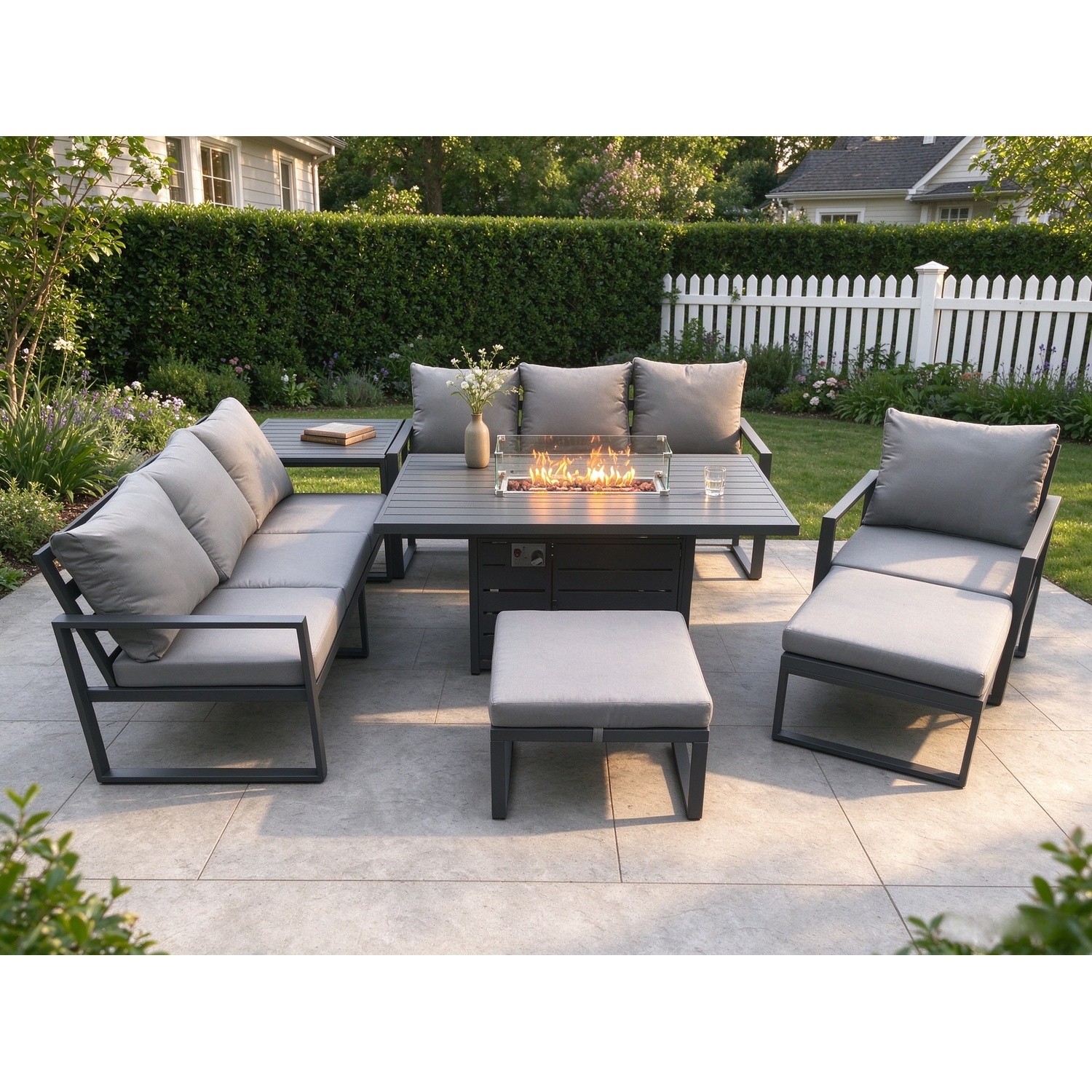 Rackhams Dark/Grey Aluminium 7 Pieces Garden Furniture Sofa Set With Cushions 9 Seater Gas Fire Pit Dining Table Set With Side Table 2 Big Footstools - Image 2