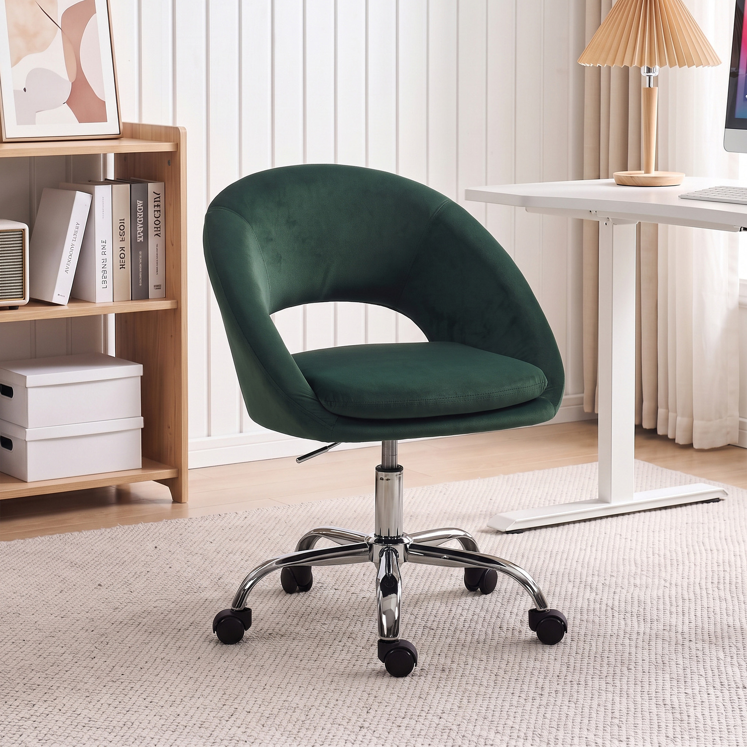 Rackhams Dark/Green Velvet Desk Chair With Height-Adjustable, Wheels - Image 4