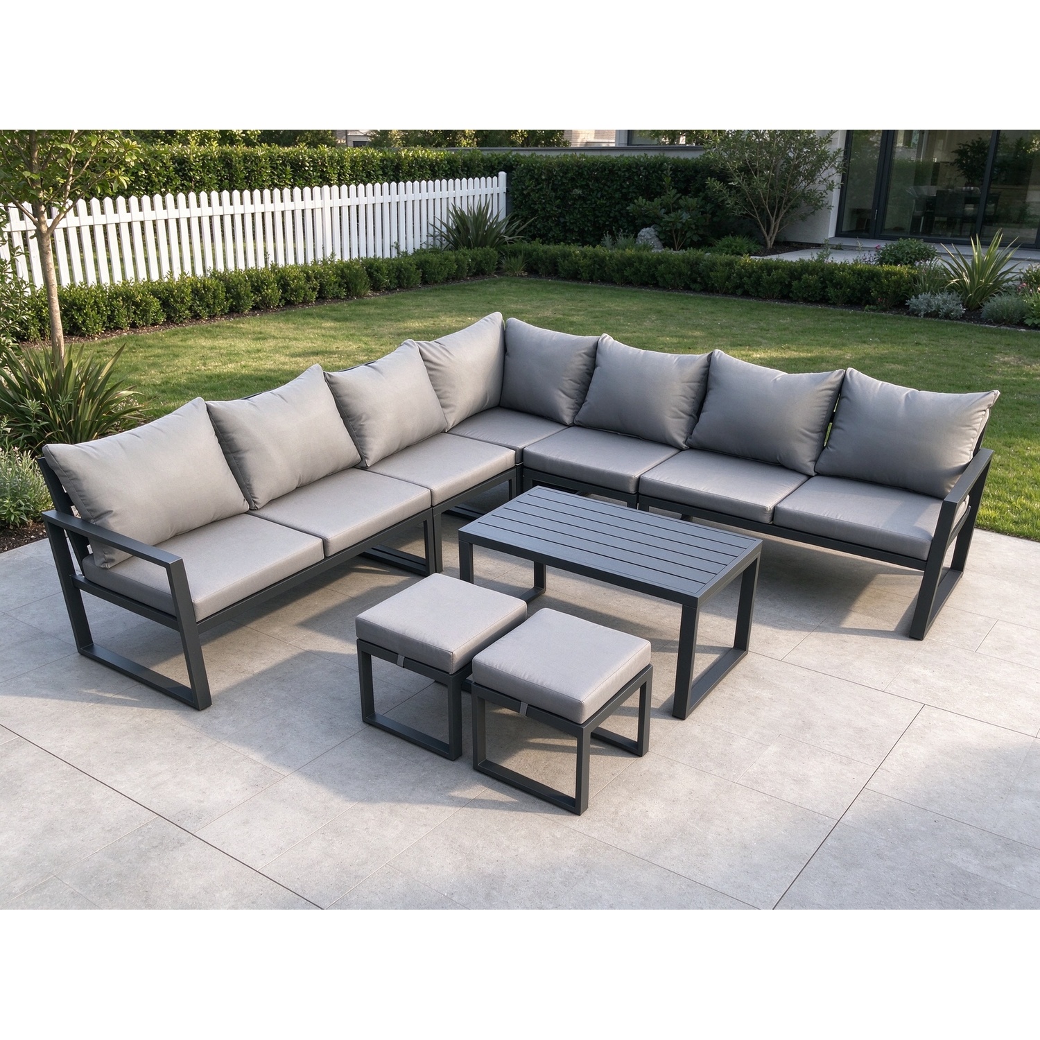B&Q - Aluminium Patio Outdoor Garden Furniture Lounge Corner Sofa Set With Oblong Coffee Table 2 Small Footstools - Image 2