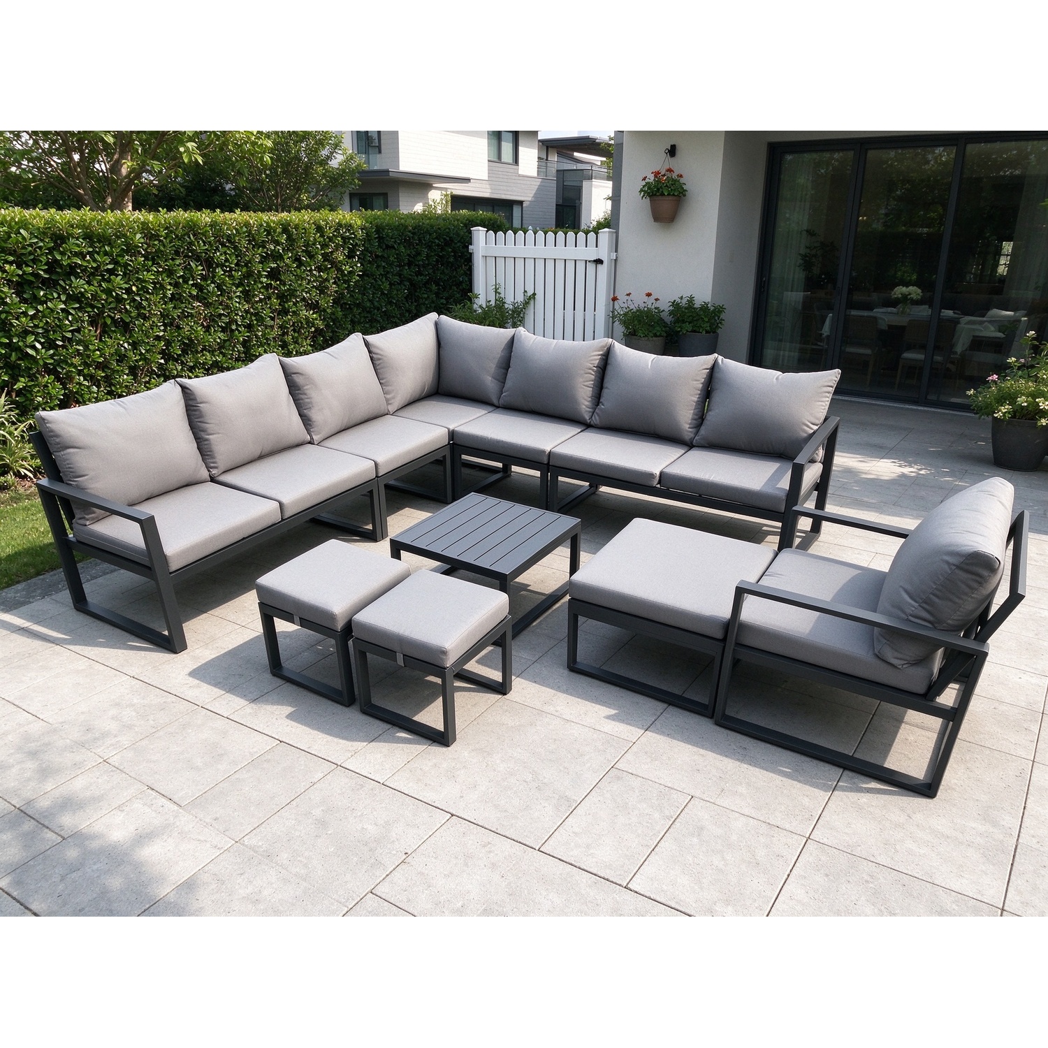Fimous Aluminium Outdoor Garden Furniture Set Lounge Corner Sofa Square Coffee Table Chair Sets With 3 Footstools Dark Grey - Image 3