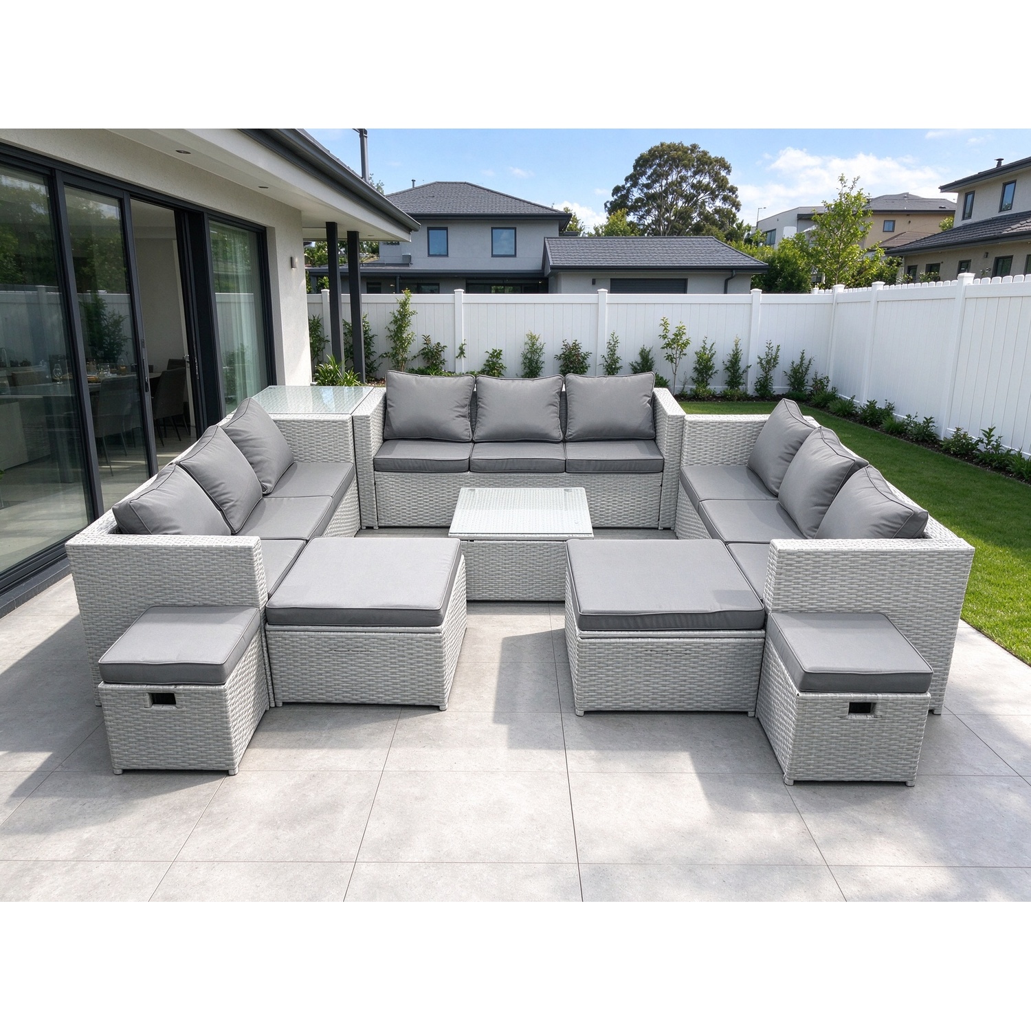 Rackhams Light/Grey Garden Outdoor Furniture Set 14 Seater Rattan Sofa Set With Side Table 4 Footstools Mixed - Image 2