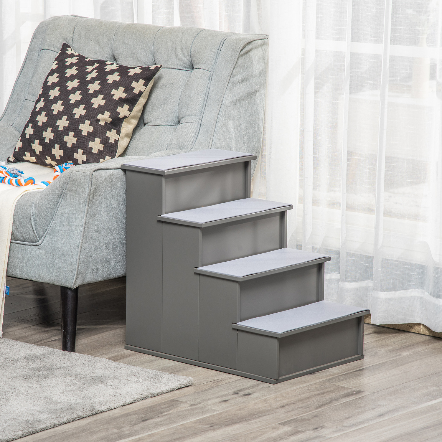 PawHut 4 Step Cushioned Pet Stairs - Grey