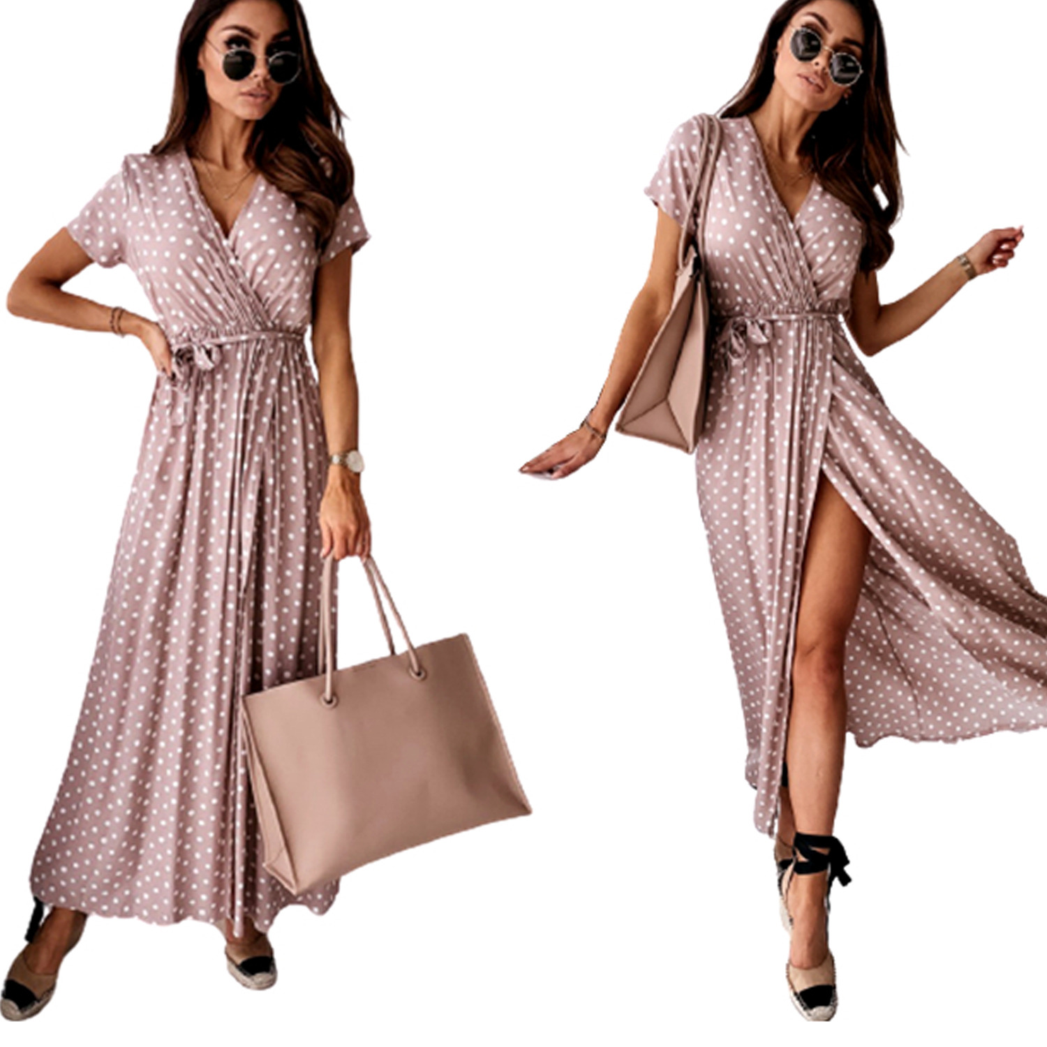 Polka Dot Printed Asymmetrical-Sleeve Maxi Dress