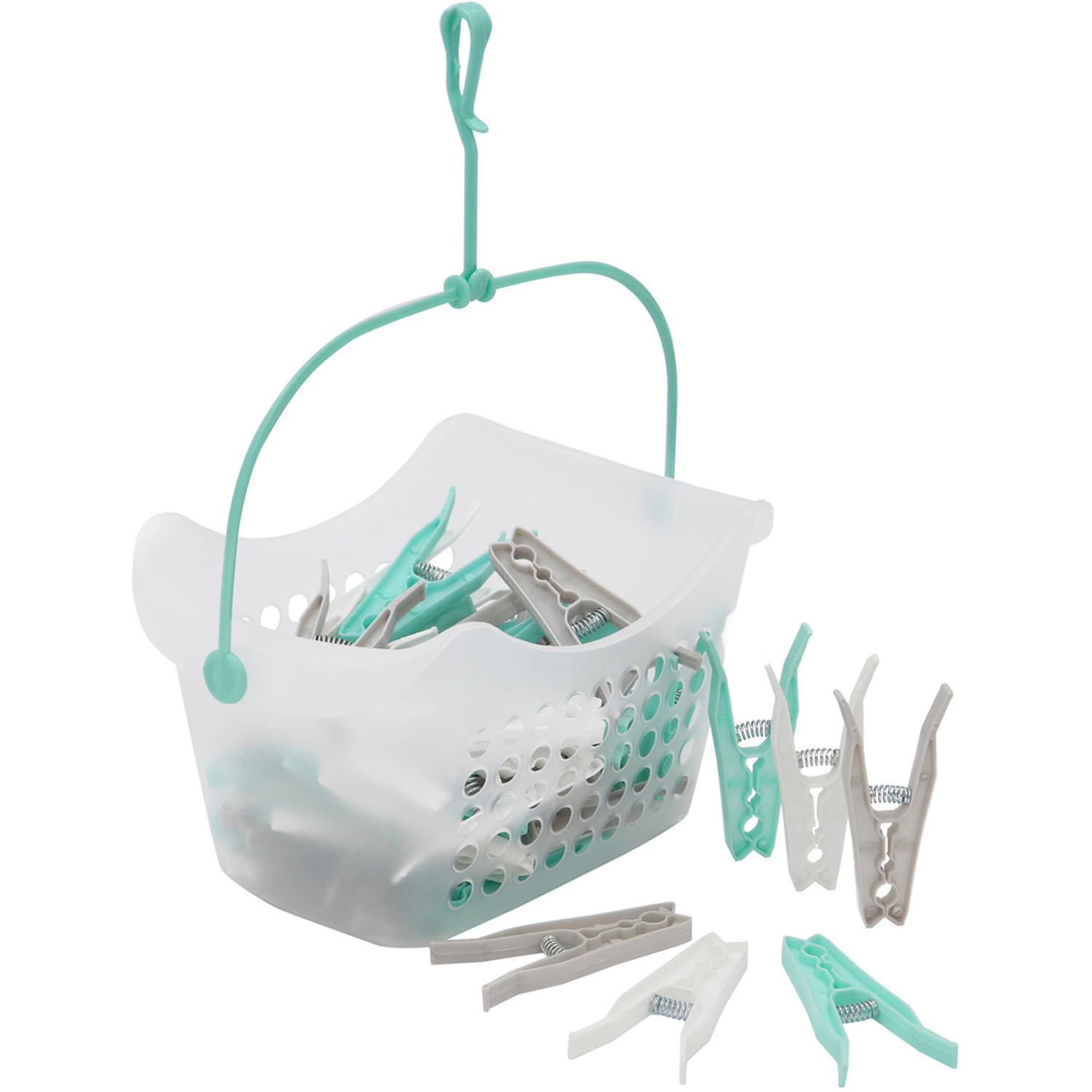 Image of JVL Plastic Peg Basket with 48 Large Ultra Strong Plastic Pegs - Clear