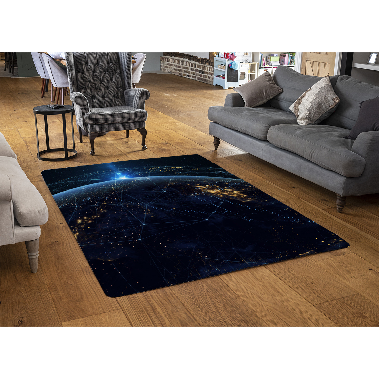 Connection Lines Around Earth Globe Rug