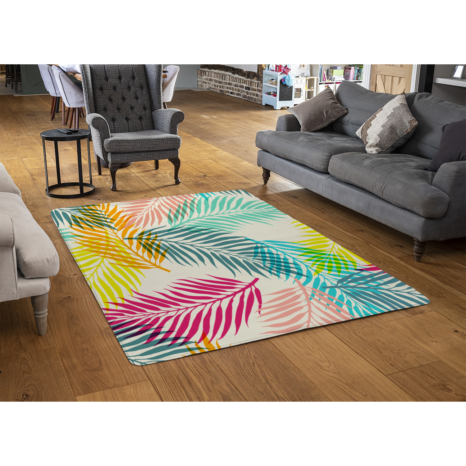 Multi Coloured Tropical Leaves Rug - Blue / 150cm thumbnail