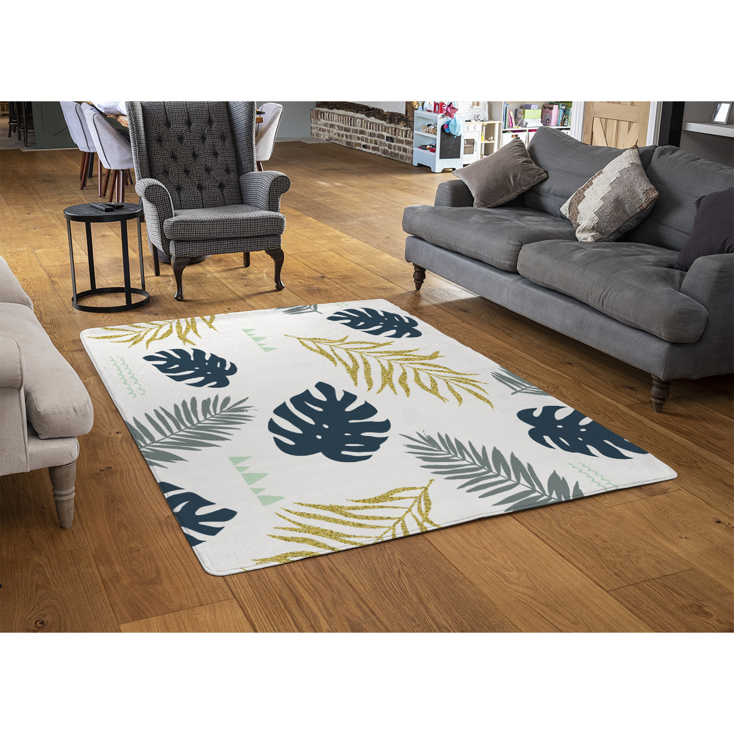 Gold Glitter  Navy Leaves Rug - Blue / 150cm thumbnail