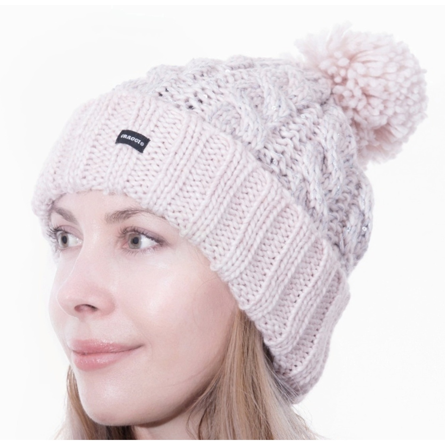 Bobble Hat Beanie Pink Silver Sequin Cable Knit  - Pink