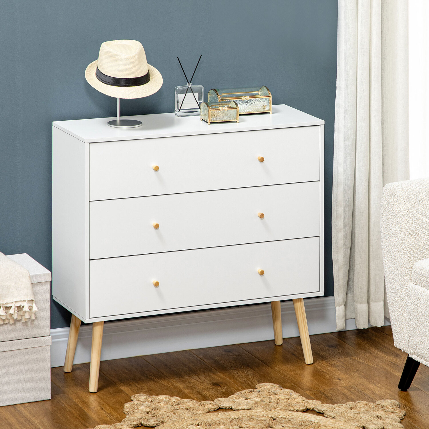 HOMCOM Chest of Drawers, 3-Drawer Storage Organiser Unit - White