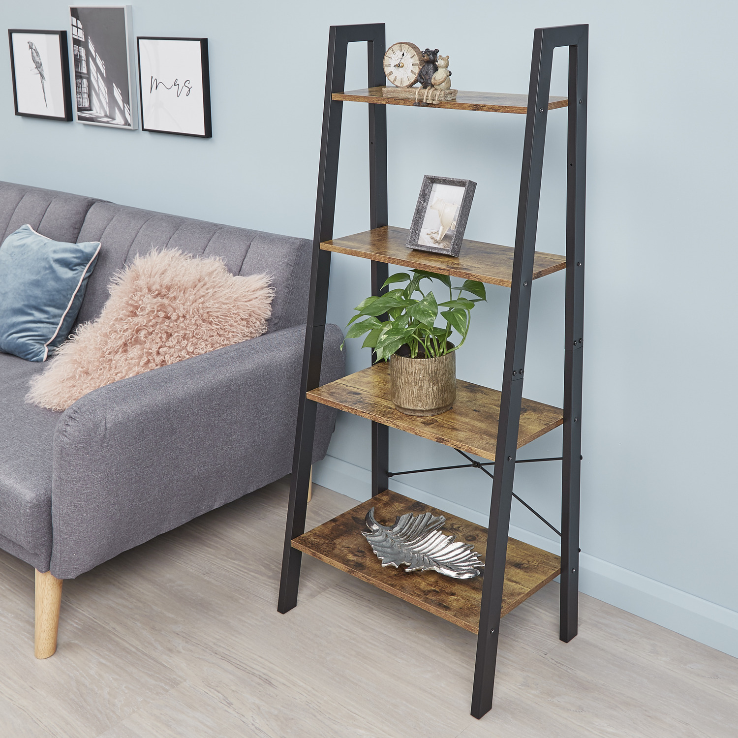 4-tier Storage Shelves Ladder Bookshelf Industrial Bookcase Unit - Orange