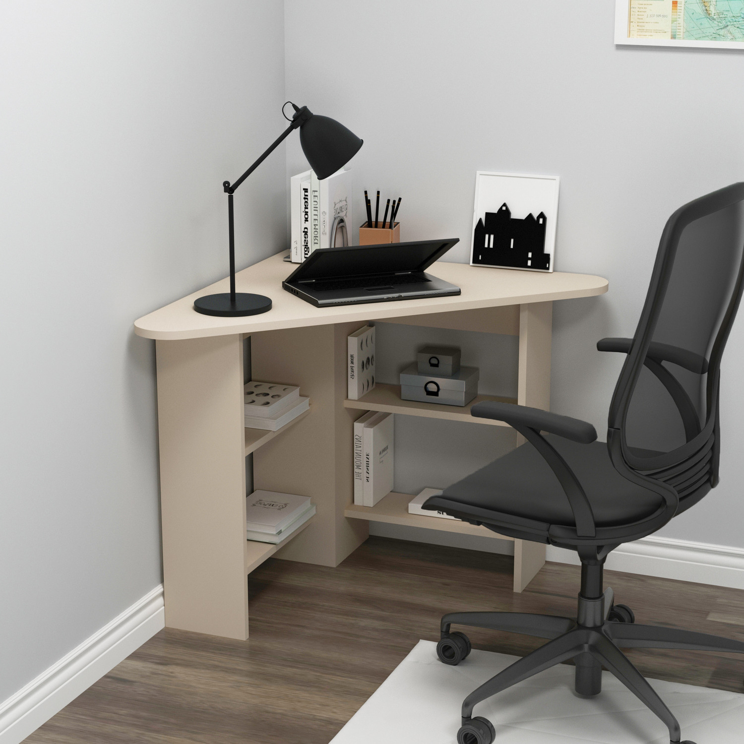 Corner Corner Computer Desk With Shelves - Beige