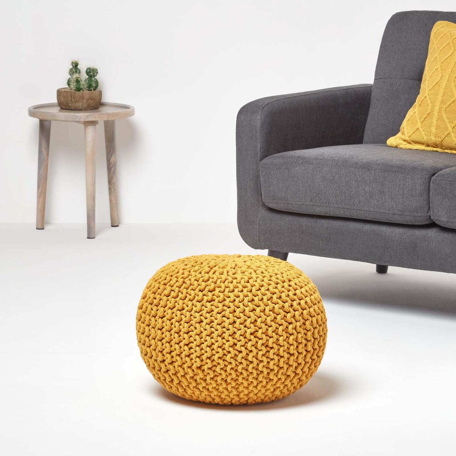 Round Cotton Knitted Pouffe - Mustard 40cm
