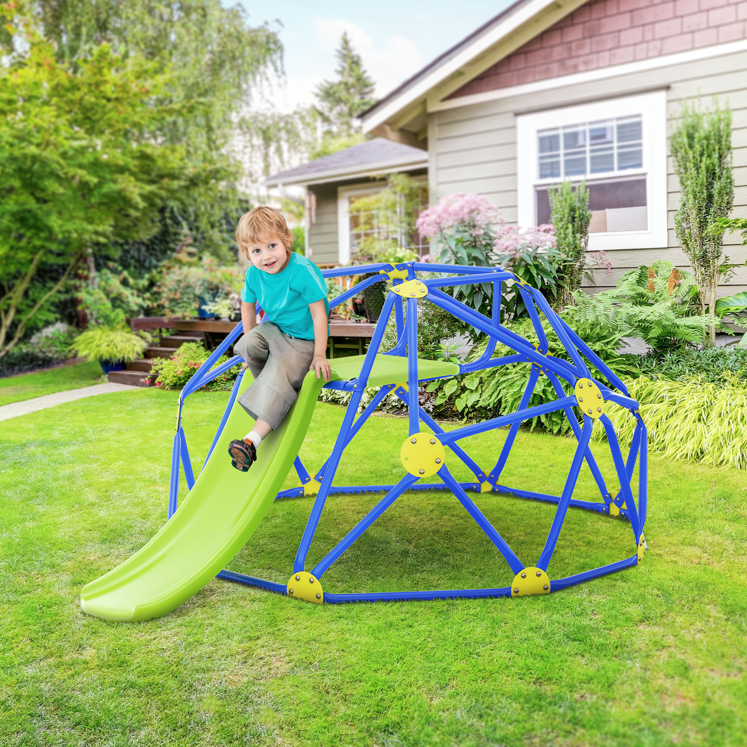 Image of 6.3FT Dome Climber with Slide, 2 in 1 Kids Climbing Set - Blue