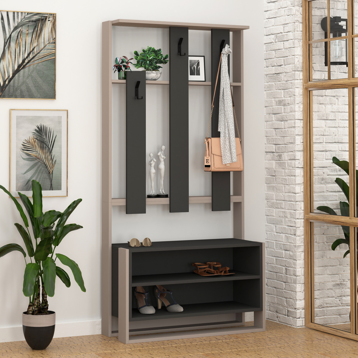 Decortie Hall Tree Coat Stand 36X90X180Cm - Mocha Grey - Particleboard, Metal Hooks - Image 3