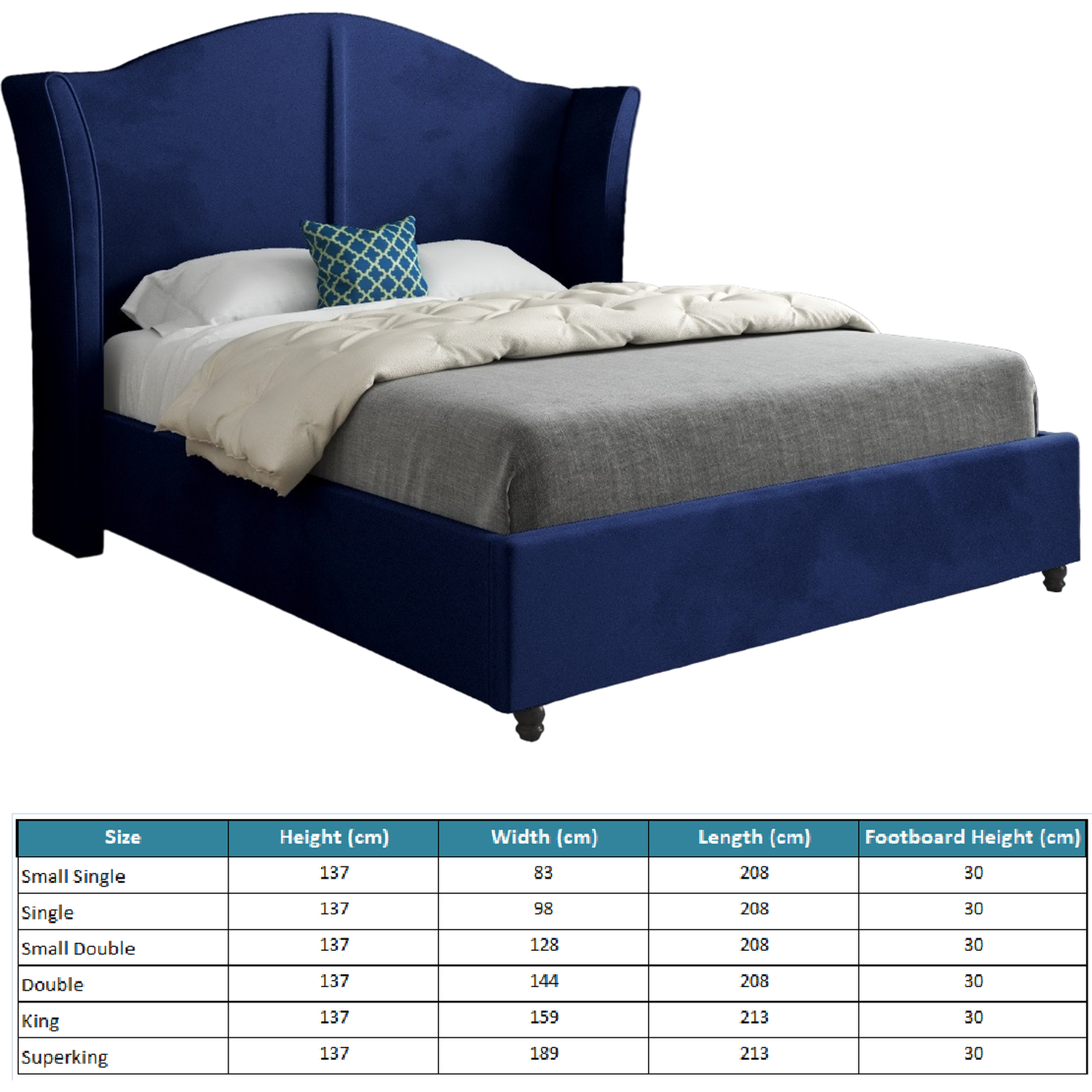 Zampa Curved Top Curved Winged Upholstered Soft Velvet Bed Frame - Blue King
