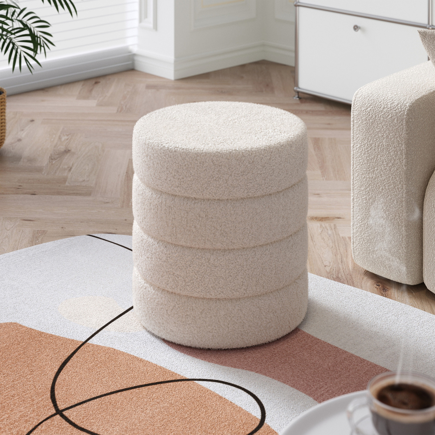 Round Upholstered Footstool Dressing Table Chairs - White