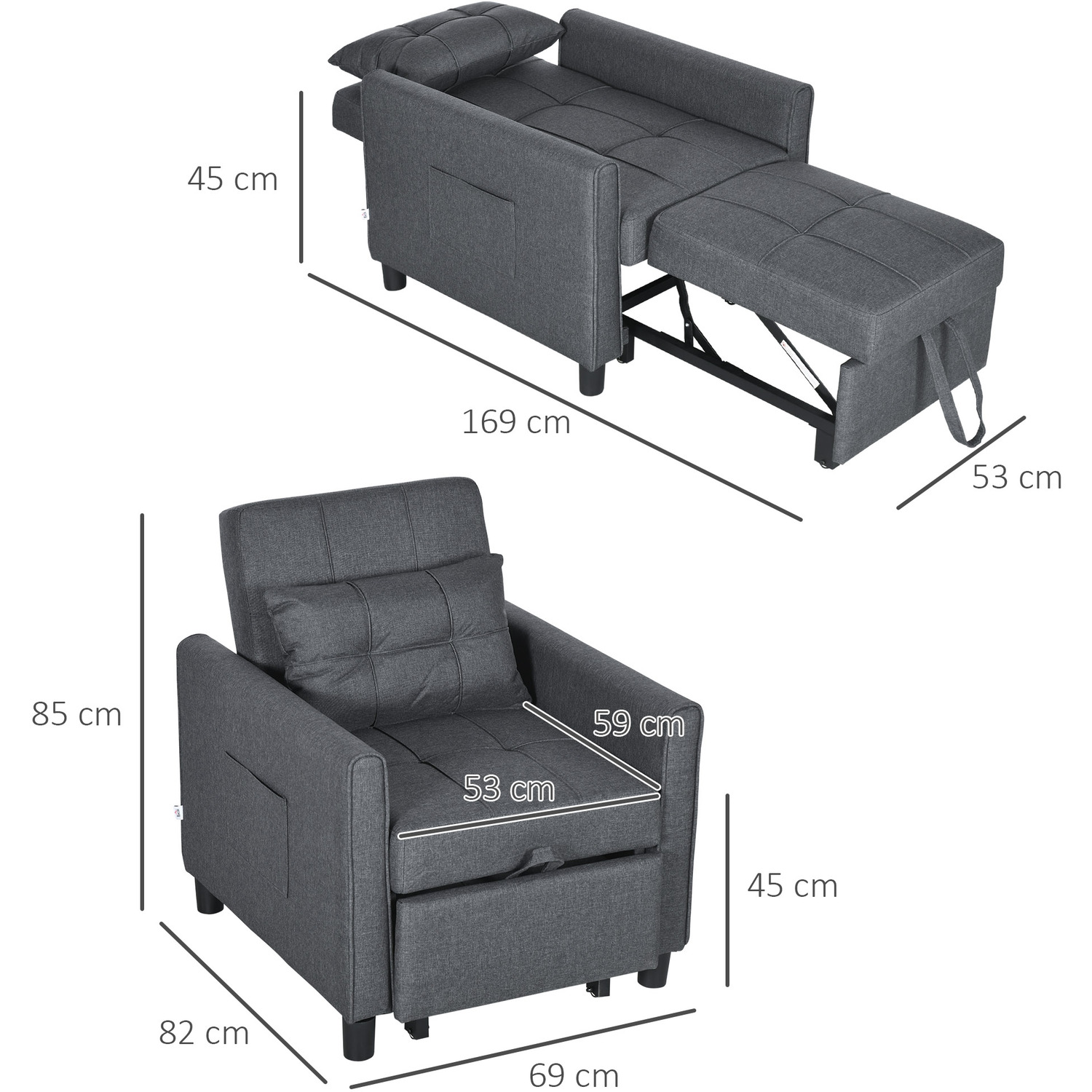 Homcom Folding Sofa Bed Adjustable Pull Out Convertible Chair Bed With Pocket - Grey